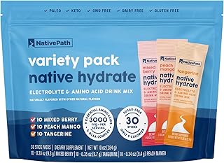 Native Hydrate Stick Packs with Electrolytes and Amino Acids, Variety Pack, Mixed Berry, Peach Mango, Tangerine, 30 Servings