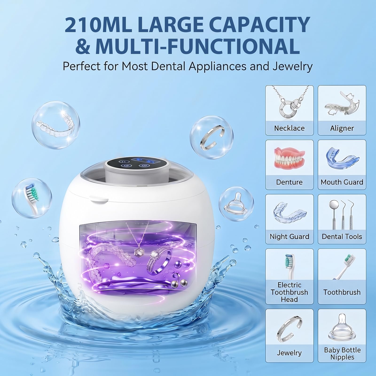 Ultraschallreinigungsgerät 45000Hz UV und 24W, aufladbarer Ultraschallreiniger mit 4 Modi – für Zahnersatz, Retainer, Aligner, Zahnschienen, Prothesen und Schmuck, inkl. digitalem Timer