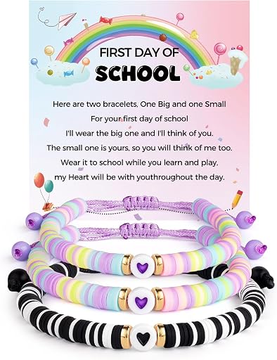 First Day of School Mommy and Me Matching Bracelet Set kindergarden Pre-K Back to School Gifts Adjustable Heart Clay Bead Jewelry for Mother Daughter Dad Son