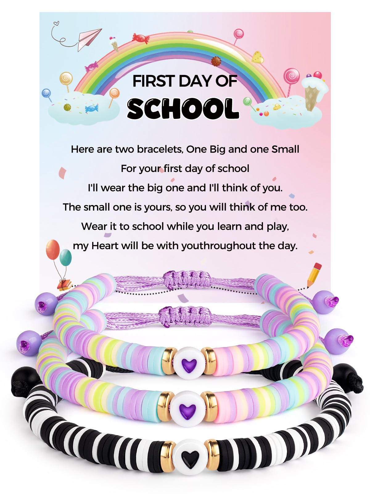 First Day of School Mommy and Me Matching Bracelet Set kindergarden Pre-K Back to School Gifts Adjustable Heart Clay Bead Jewelry for Mother Daughter Dad Son
