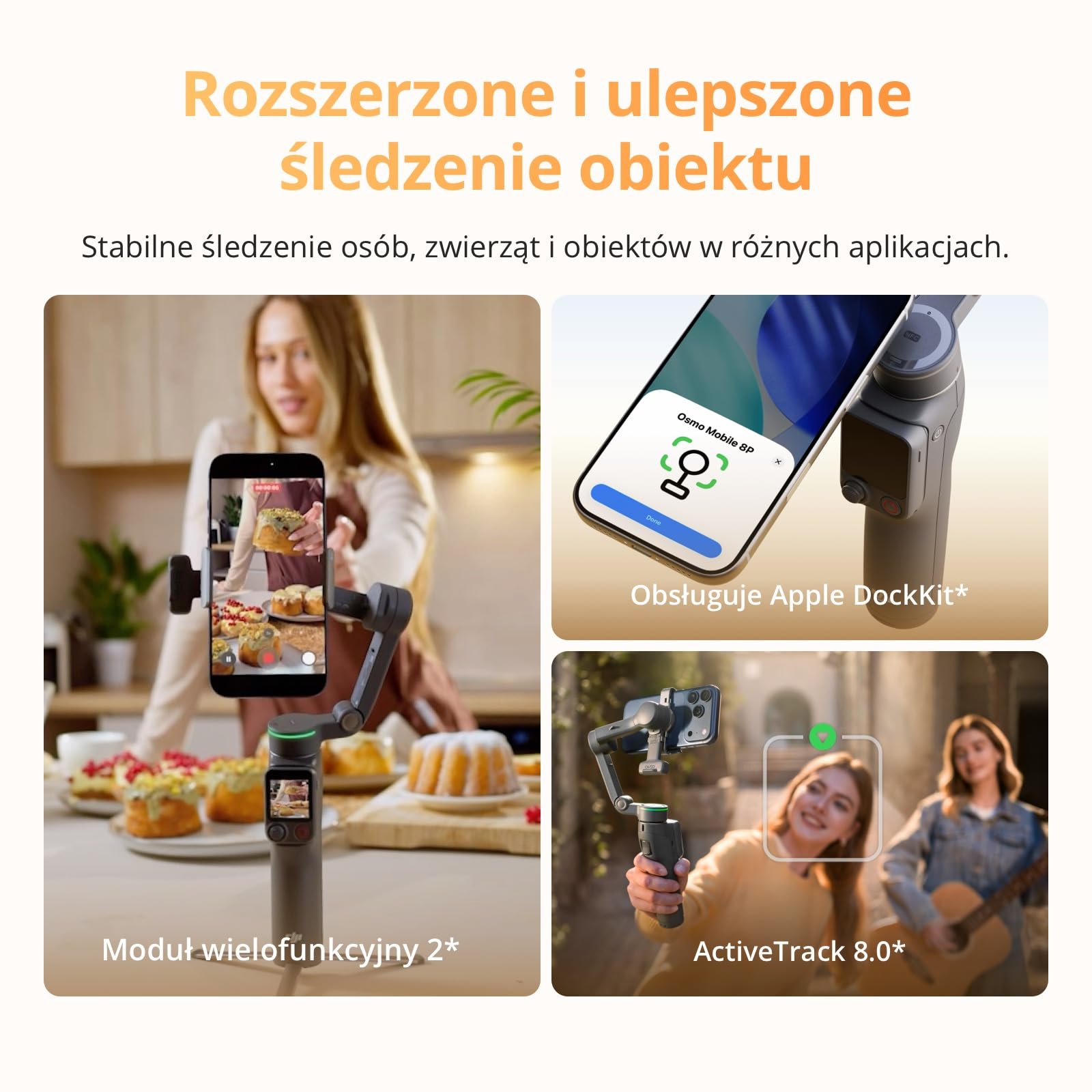 Osmo Mobile 8P, gimbal, stabilizator do iPhone’a i Androida, moduł śledzenia, pilot, natywne śledzenie, wysięgnik, statyw, bateria 10h, stabilizacja 3-osiowa, gimbal do telefonu