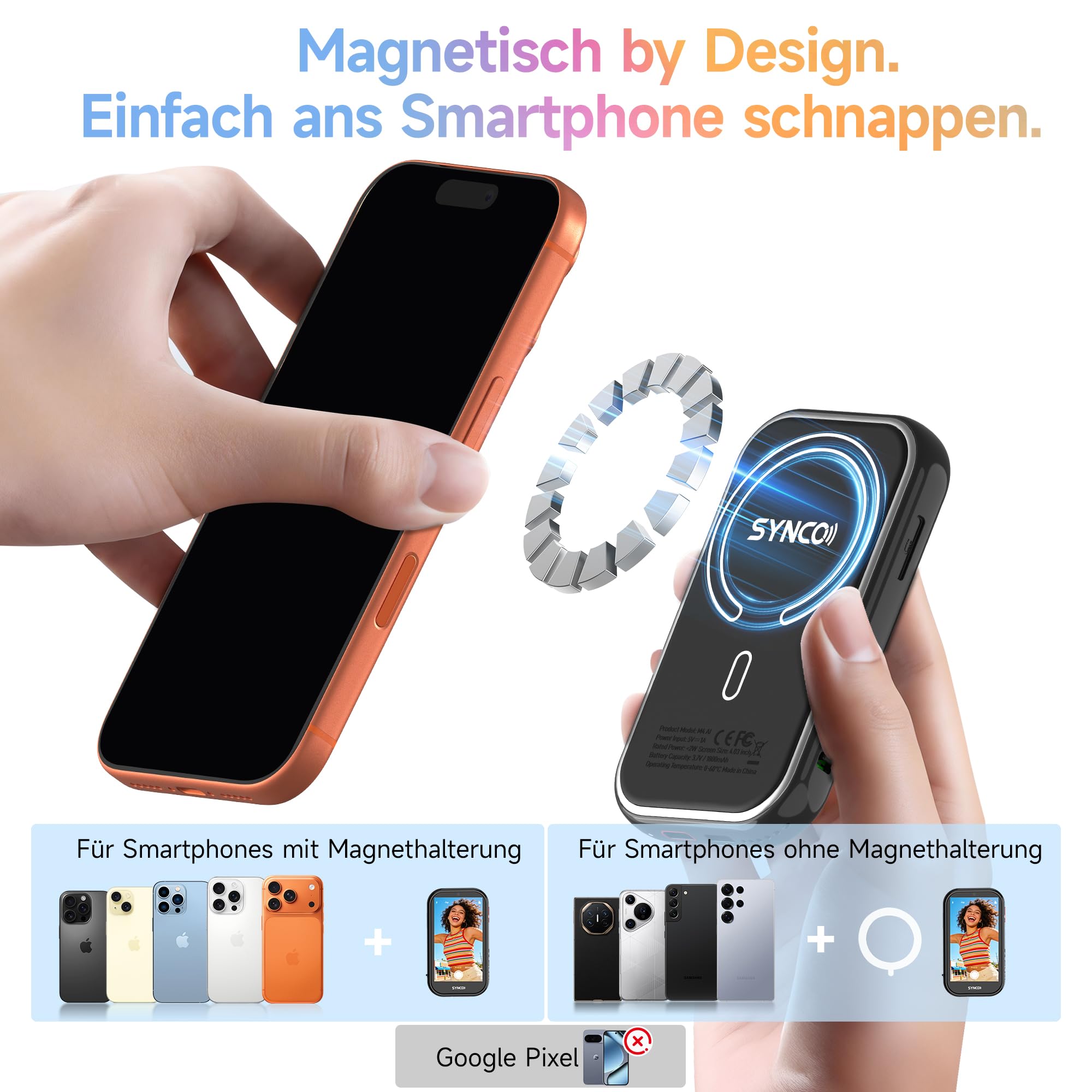 SYNCO XView M4 AI Selfie Monitor mit magnetischem Licht für iPhone und Android, Kabellose Gestensteuerung, 4K ohne Verzögerung, Selfies mit der Rückkamera, 3h Akku, für YouTube TikTok (Schwarz)