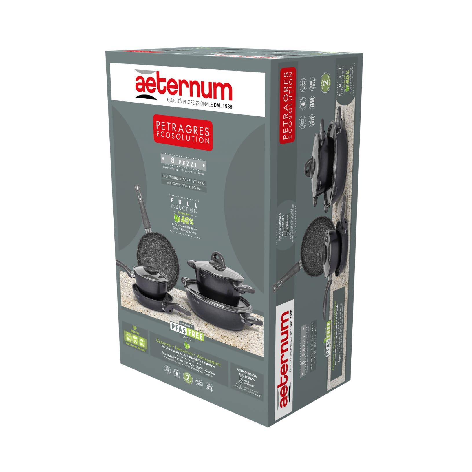 Aeternum, Petragres Ecosolution, Batteria 8 pezzi, 2 Padelle 20-24 cm, 2 Casseruole 16-20 cm, 1 Tegame 28 cm, 3 Coperchi 16-20-28 cm, Full Induction, Adatto all'Induzione, Riv. PFAS FREE, Grigio scuro