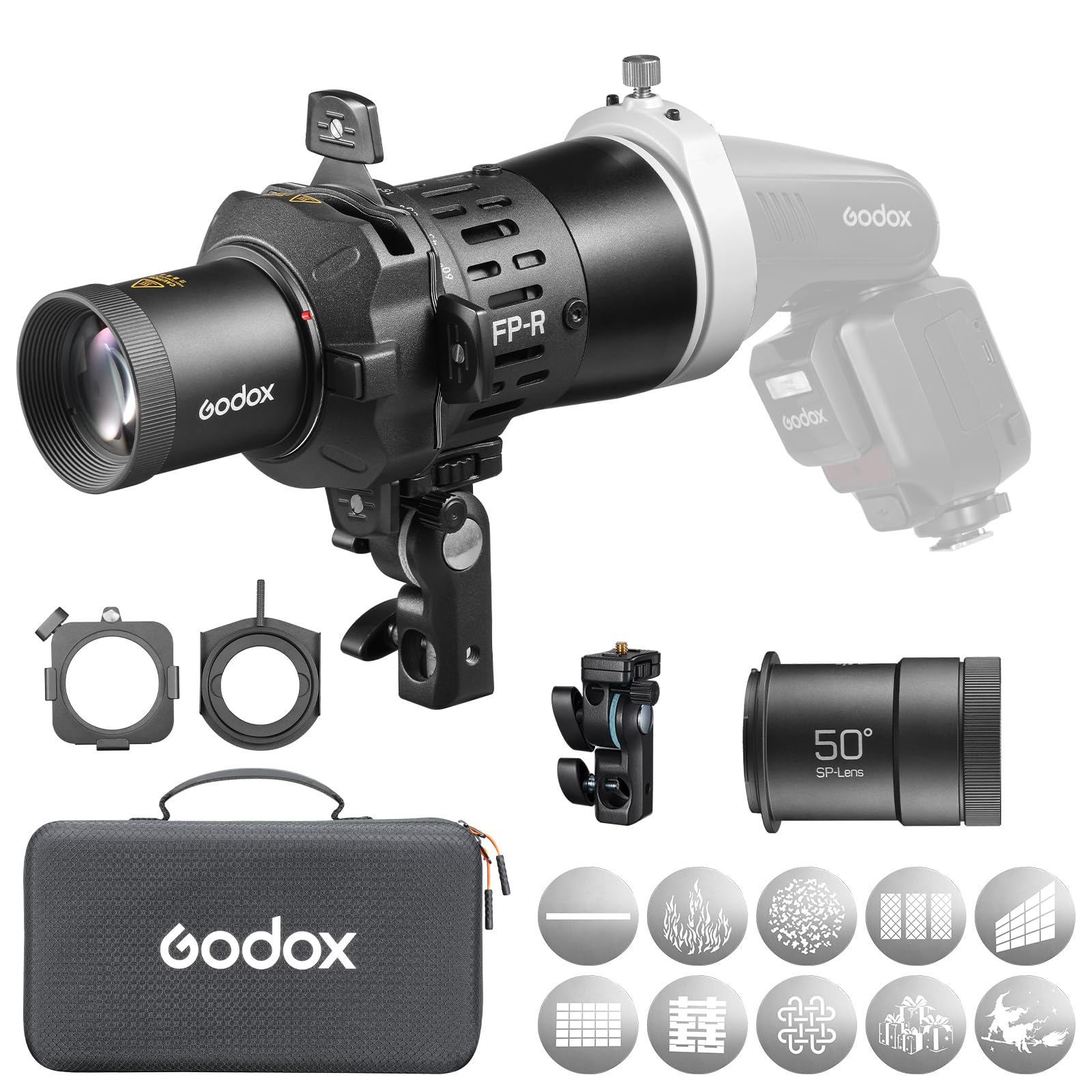 Godox FP-R-50 Blitzprojektor-Snoot mit Halterung für die Fotografie Ausgestattet mit GOBO-Halterung, GoboSet und Farbrahmen; Unterstützt DREI Projektionslinsen für Eine Reihe Von Studioblitzmodellen