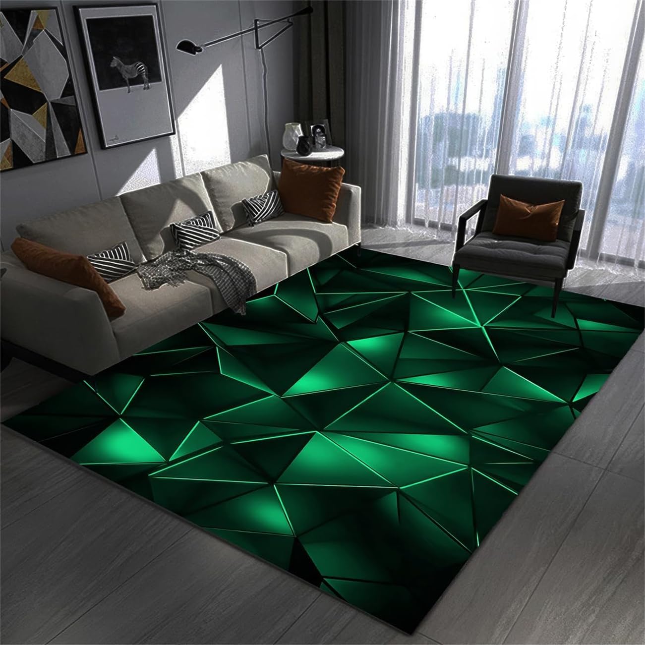 RUILBJM Bedroom Gaming Rug, 3D Visual Geometric Neon Pattern, Non-slip Bottom Soft Flannel Floor Mat, Living Room Carpet, for Teenagers Computer Game Room, Cool Decoration (Green,100x120 cm)