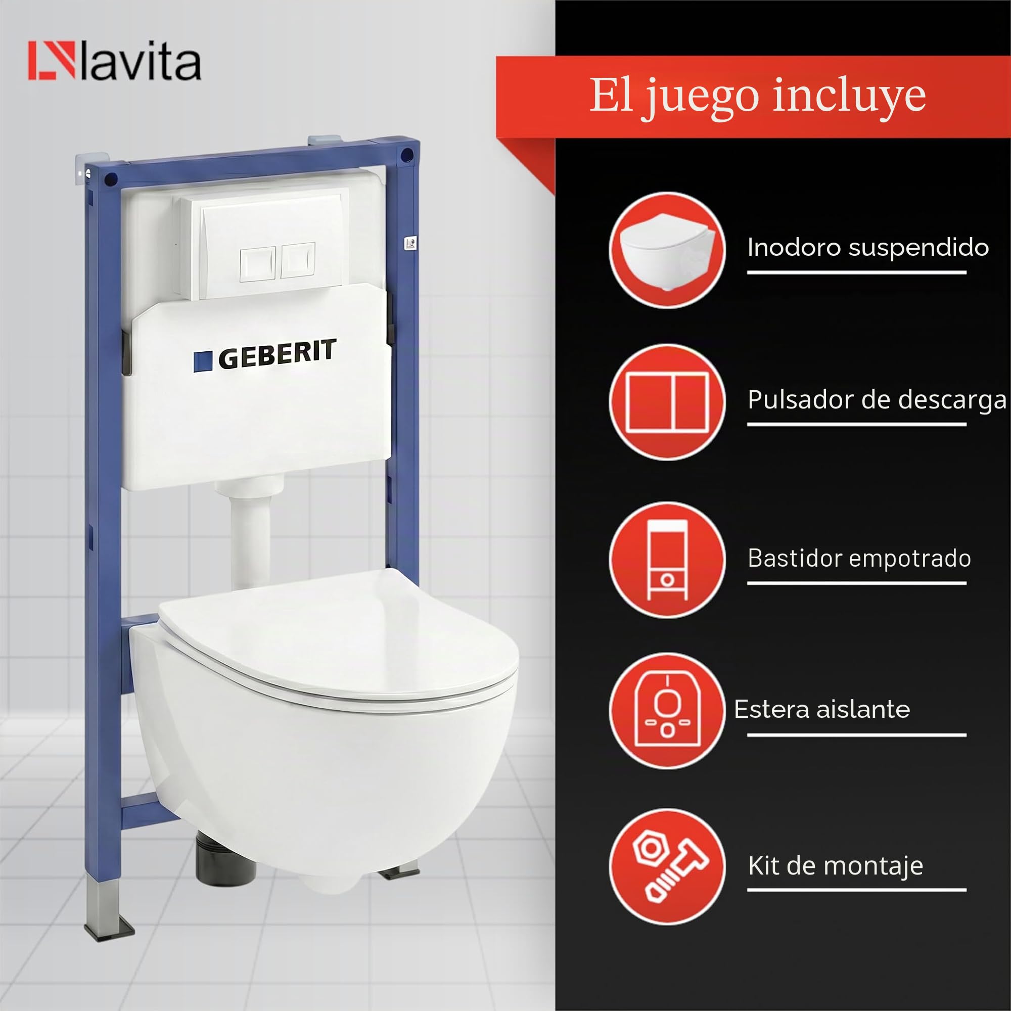 Lavita Duofix Basic Elemento de pared+Inodoro de descarga profunda Dalia Blanco Sin reborde+Asiento de inodoro con cierre automático+Botón blanco Juego completo WC