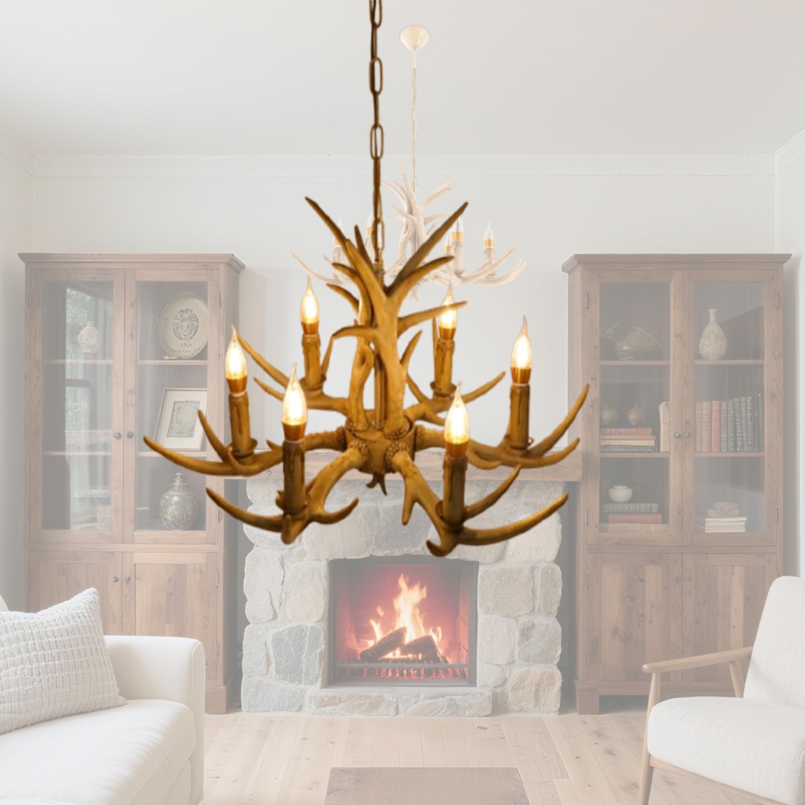 6-Licht Geweih Pendellampe aus Harz & Eisen | Höhenverstellbare Geweihlampe mit 7 × E14 Glühbirnen | 50-140cm Geweih Kronleuchter im Retro Deer -Design für Wohnzimmer, Esszimmer & Café