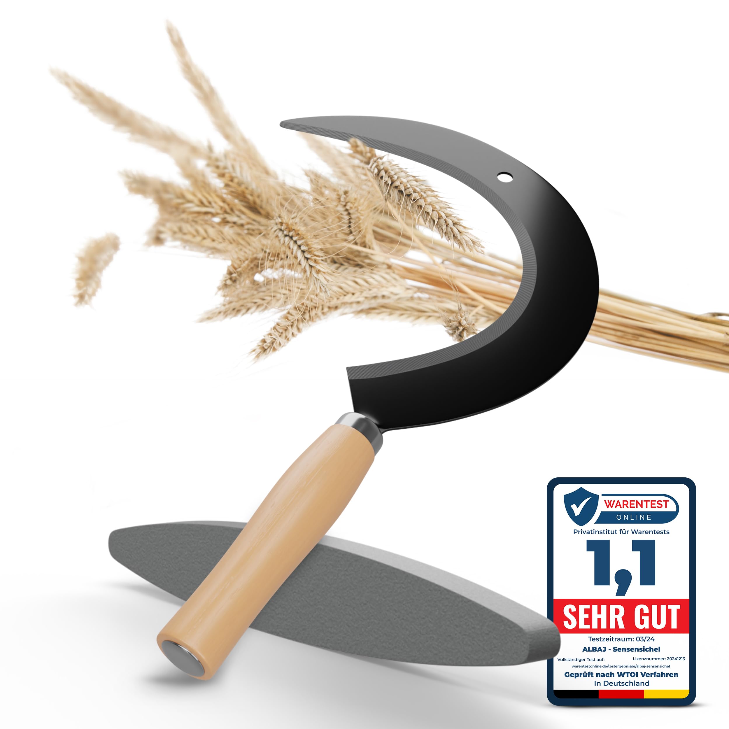 Rundsichel mit Holzgriff - traditionelle scharfe Sichel - nachhaltige Handsense 35x22 cm- inklusive Gratis Schleifstein – robuste Sensensichel für Gras