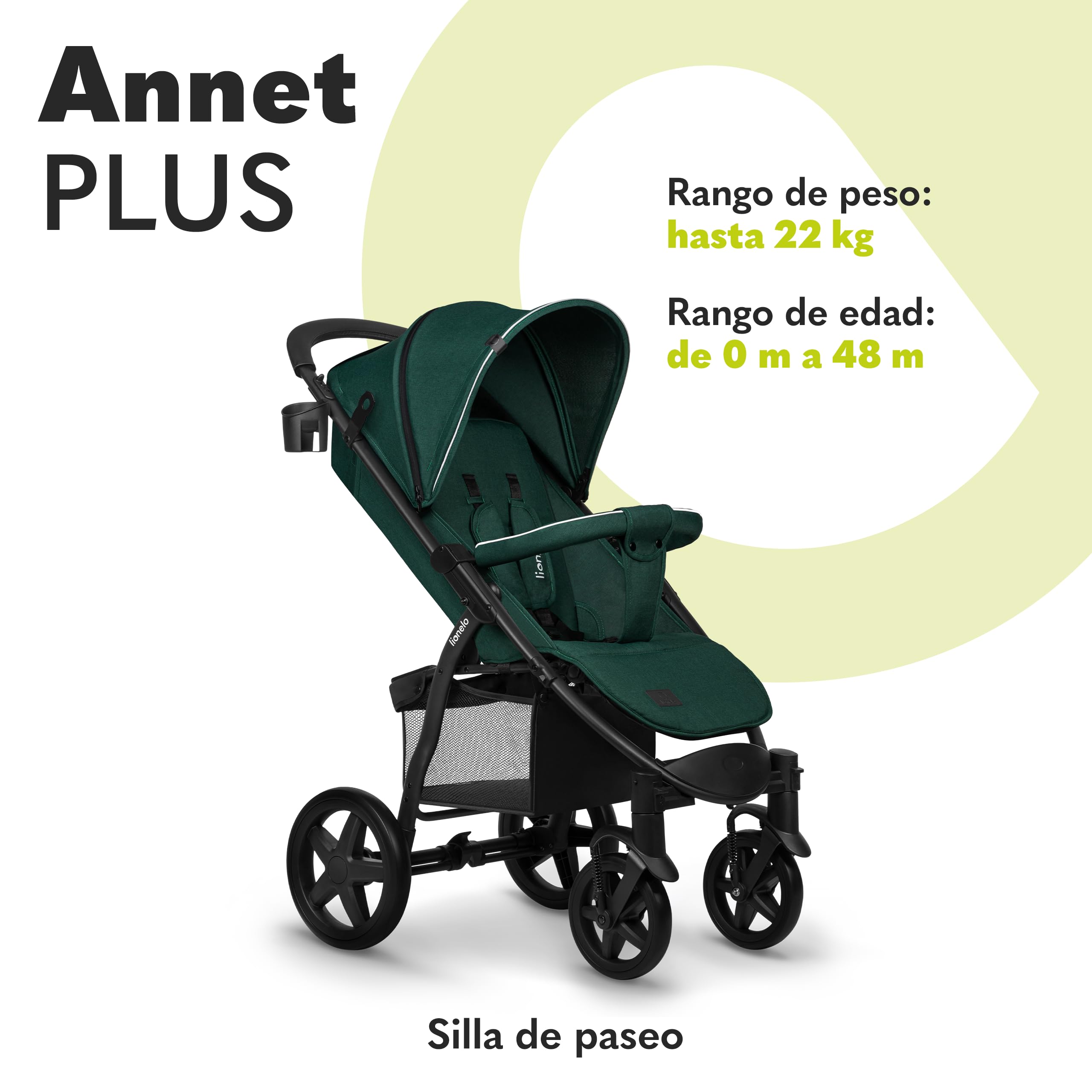 LIONELO Annet Silla de Pase Para niños hasta 22 kg 0-48M ajuste del respaldo hasta posición horizontal Capucha XXL Plegable fácil con ventana Mosquitera (Green)
