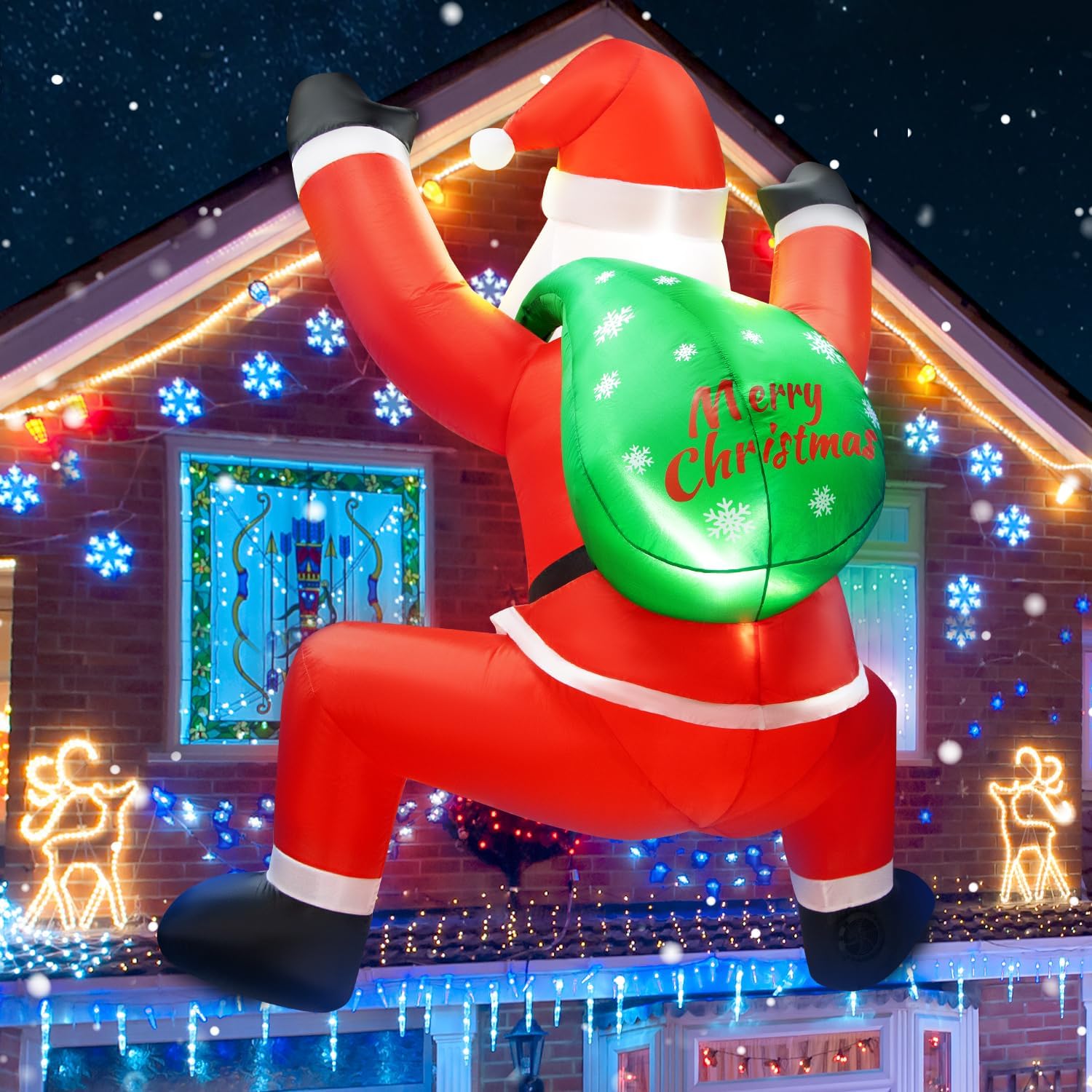 6FT Christmas Inflatable Decorations Hanging Santa Built-in Bright LEDs, Climbing Santa Claus with Gift Bag Christmas Roof Blow Up Yard Inflatables Decoration for Window Wall Outdoor Xmas New Year 6FT Christmas Inflatables Hanging Santa