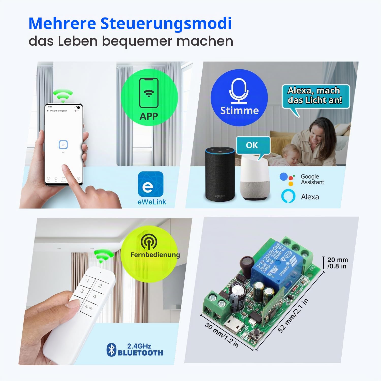 DieseRC 4x 1 Kanal WIFI Intelligenter Schalter mit 1x Bluetooth-Sender, DC 5V 12V 24V 36V Passiver Ausgang Relai Modul Trockener Kontakt Ewelink APP kompatibel mit Alexa/Google Home