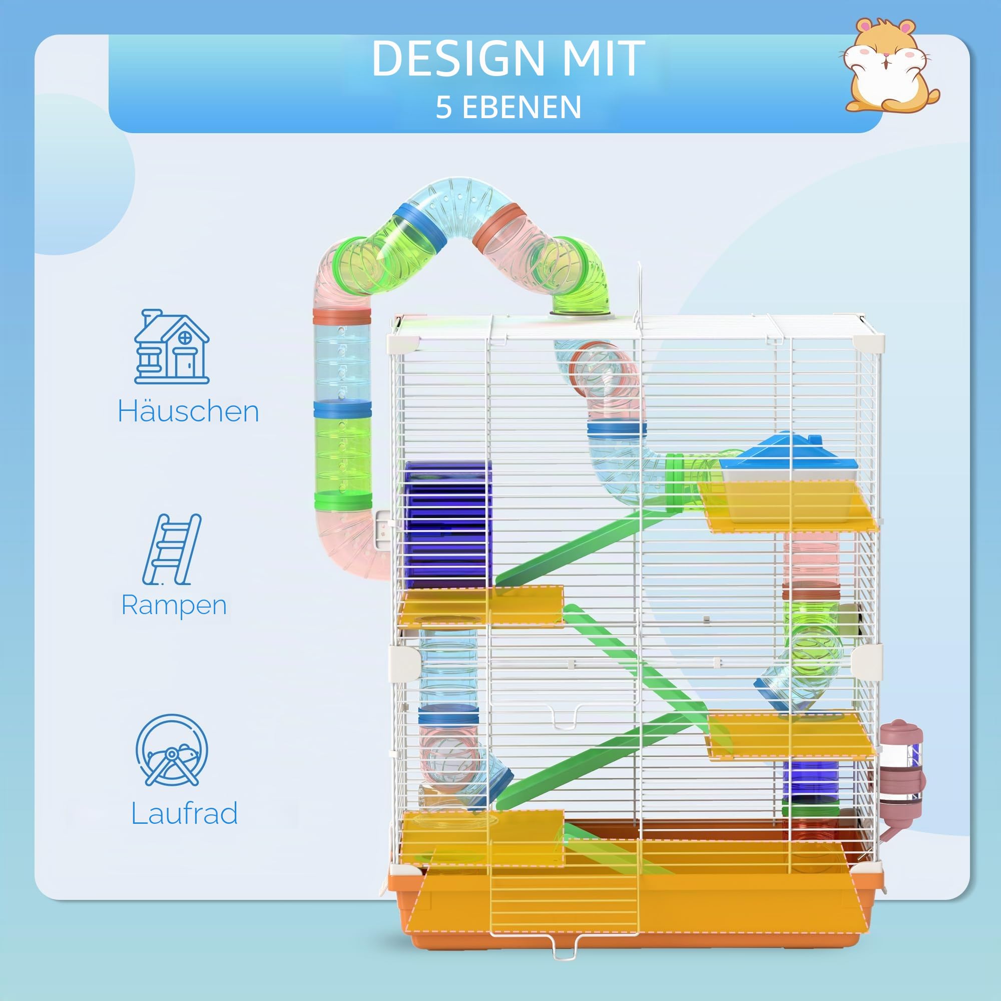 PawHut Käfig für Hamster, Nagetiere, 4 Etagen, mit Tunneln, Futternapf, Laufrad, Haus, Leitern, Maße: 46L x 30B x 58H cm, Orange