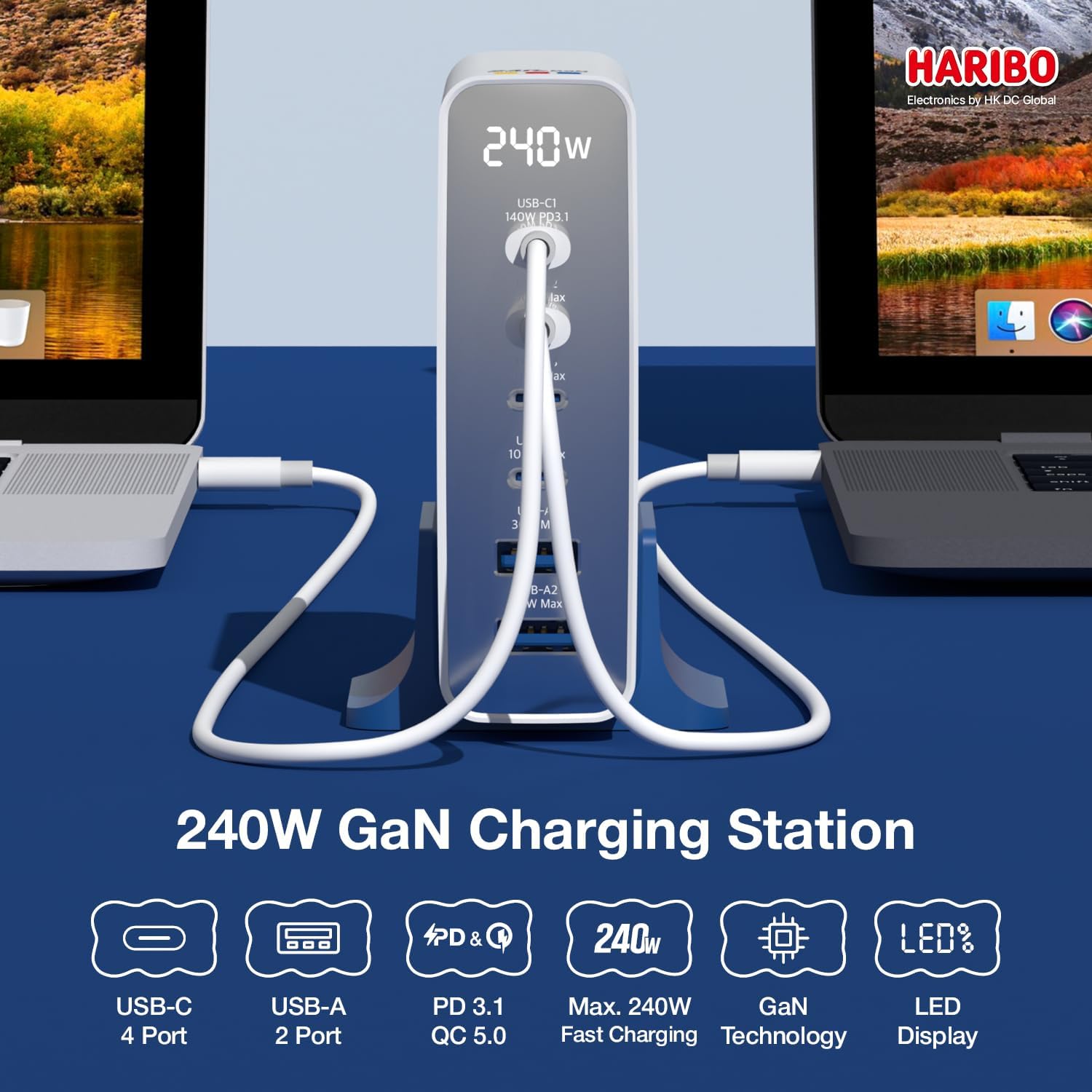 Haribo 240W GaN Charging Station, 6-Port USB-C & USB-A Charger, PD 3.1 (140W) & QC 5.0, Compatible with MacBook, iPhone, Galaxy, Pixel, iPad, Tablets
