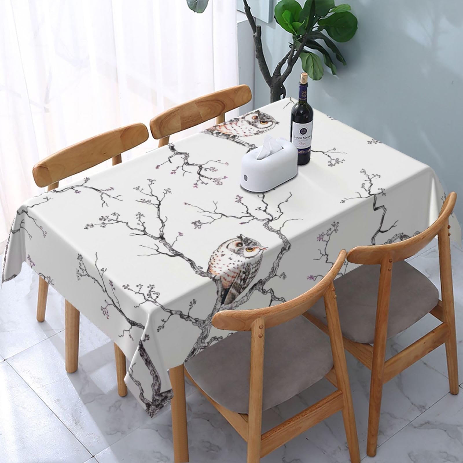 WPKJU Owl Tree Branches Printed Tablecloth Water Resistant Table Cover Washable Rectangle Table Cloth for Tables 54x72 in