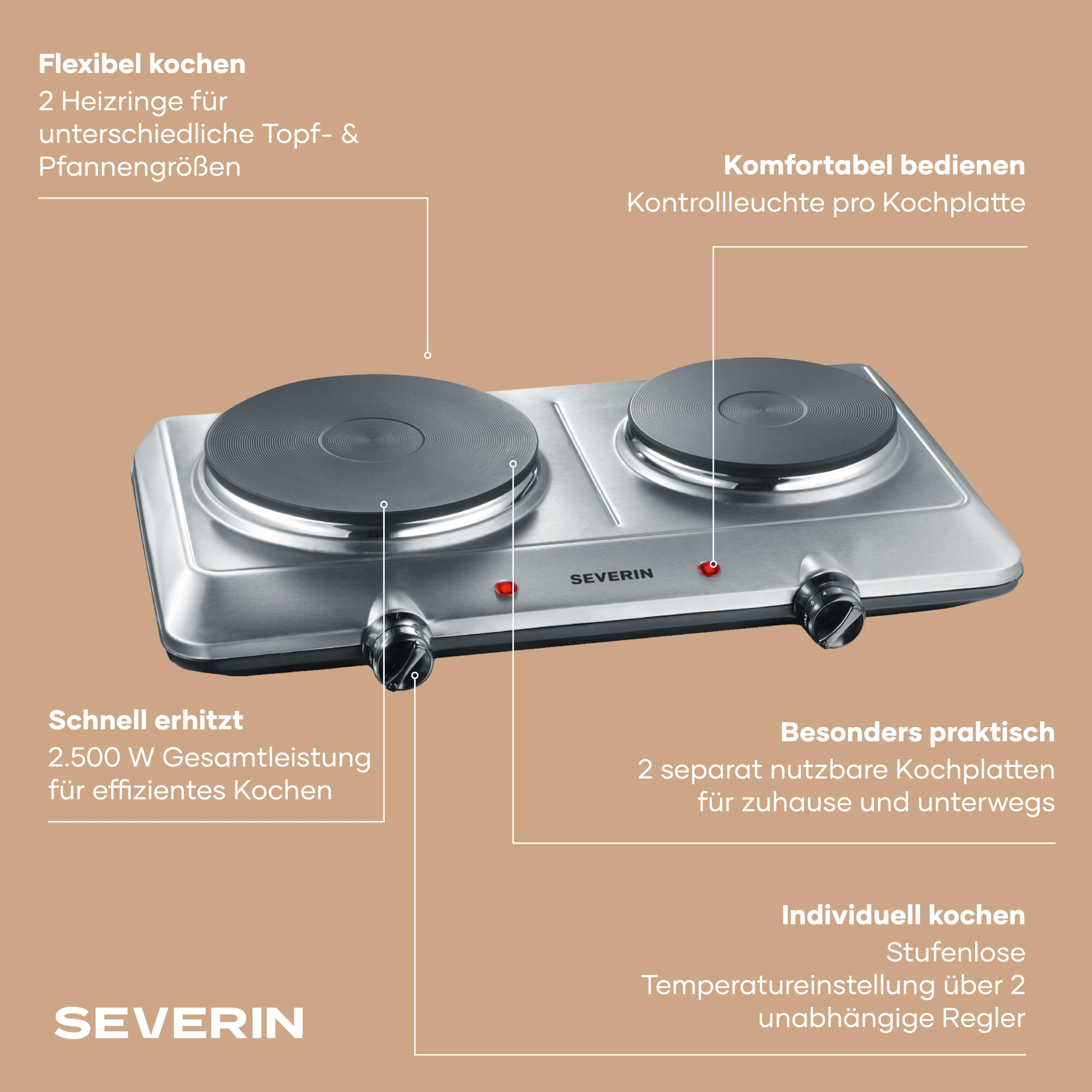 SEVERIN Doppel Kochplatte Edelstahl 2500 W DK 1014