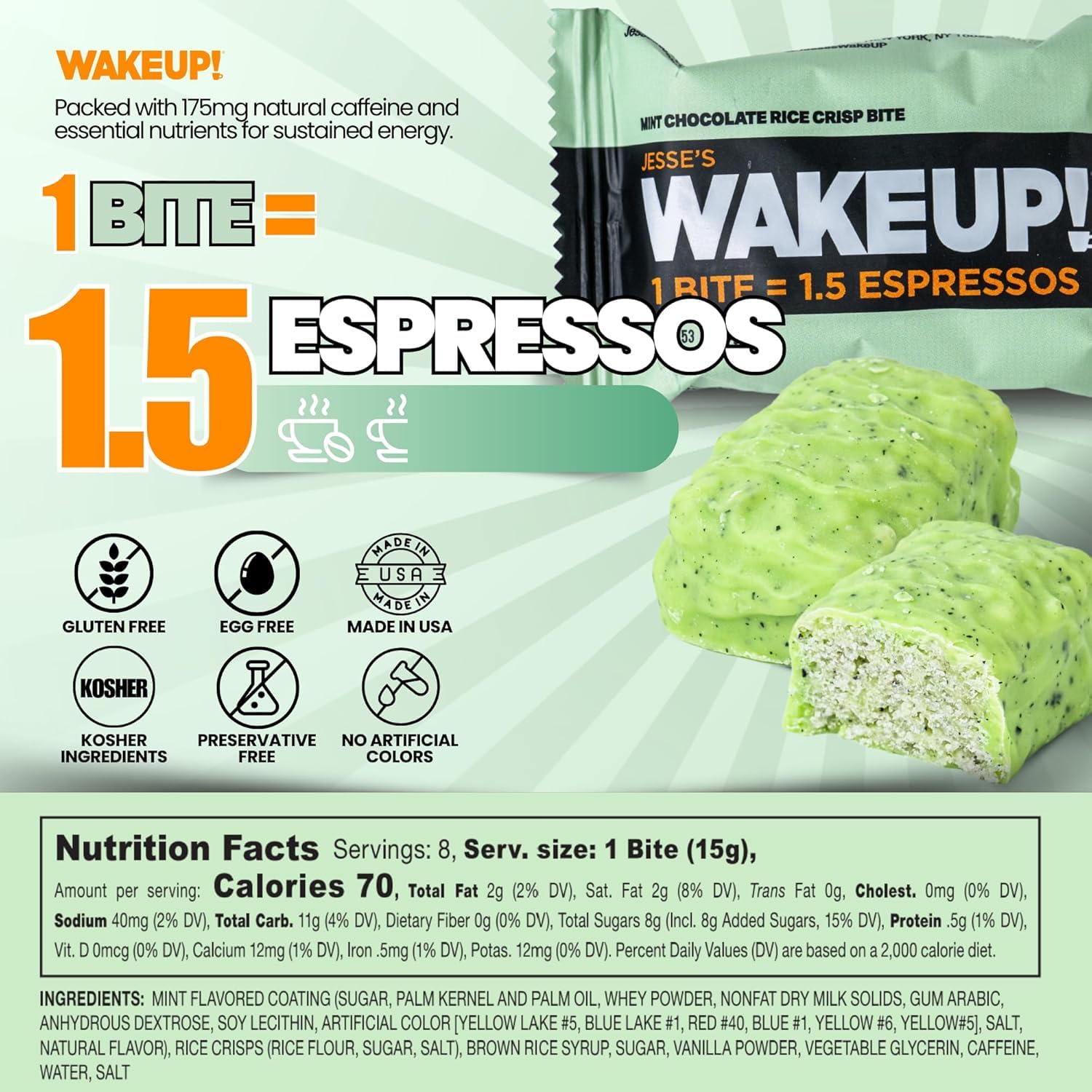 WAKE UP! Mint Chocolate Caffeinated Protein Bites (1 Bite = 1.5 Espressos) 175mg Clean Caffeine for Energy, Focus & Happy Mornings Gluten-Free, Kosher Ingredients, Vegetarian, Free Energy 4 Pack (32 Bites)