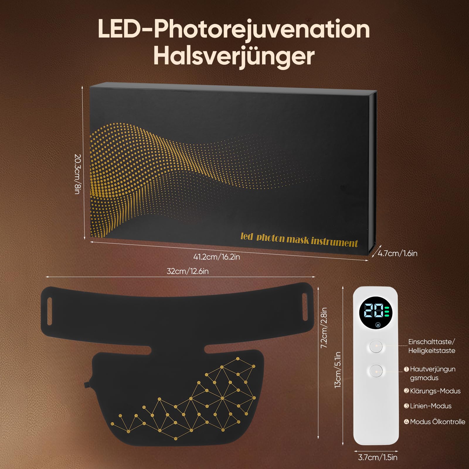 44 Triple-LED Rotlicht-Maske für Hals und Dekolleté, 4 Modi, Timer, Tragbares Silikon-Hautpflegegerät für zu Hause, Massagegerät mit LED-Lichttherapie