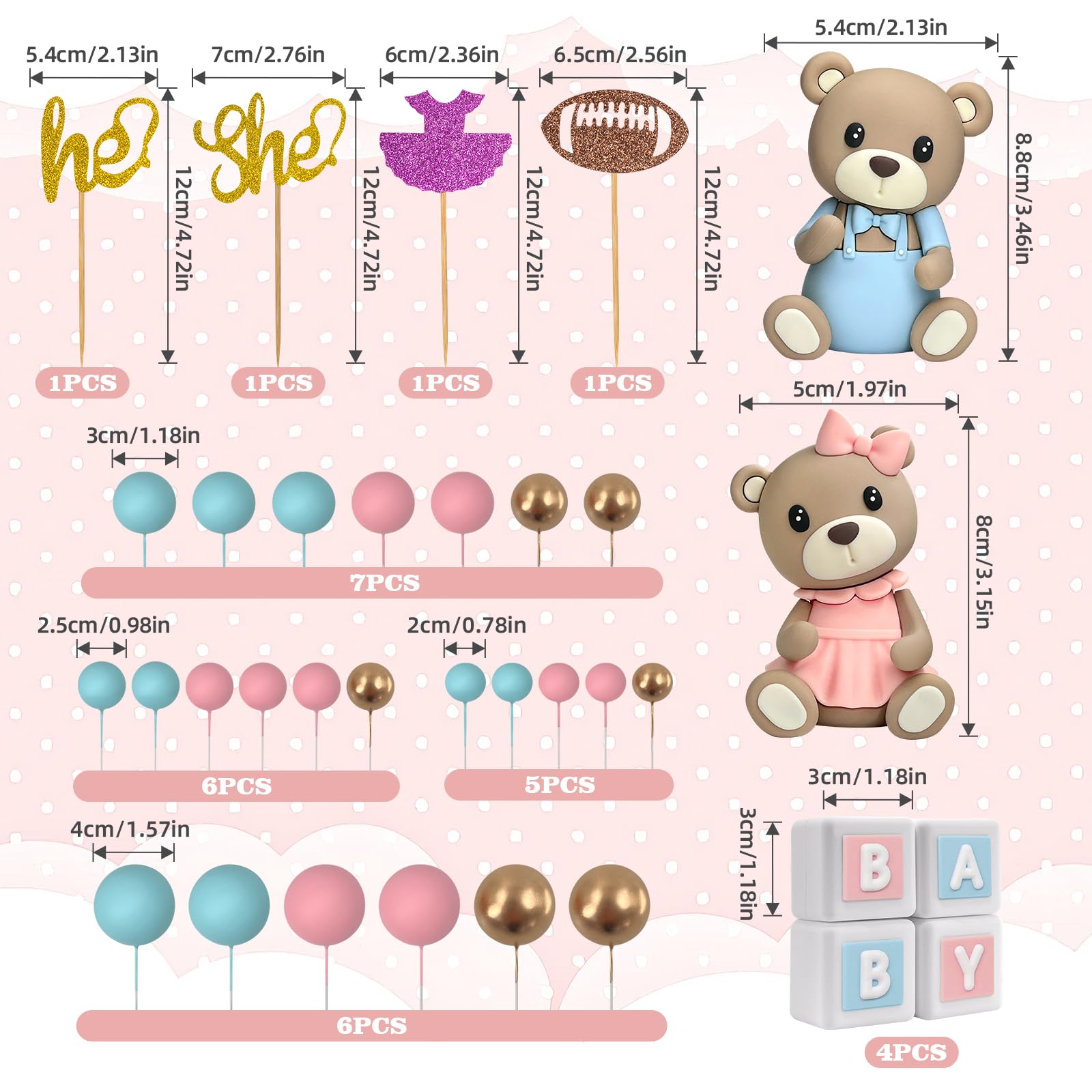 34 piezas de decoración para tartas de revelación de género, decoración de oso para tartas con decoración de pastel para niños y niñas, revelación de género, baby shower, suministros de fiesta de