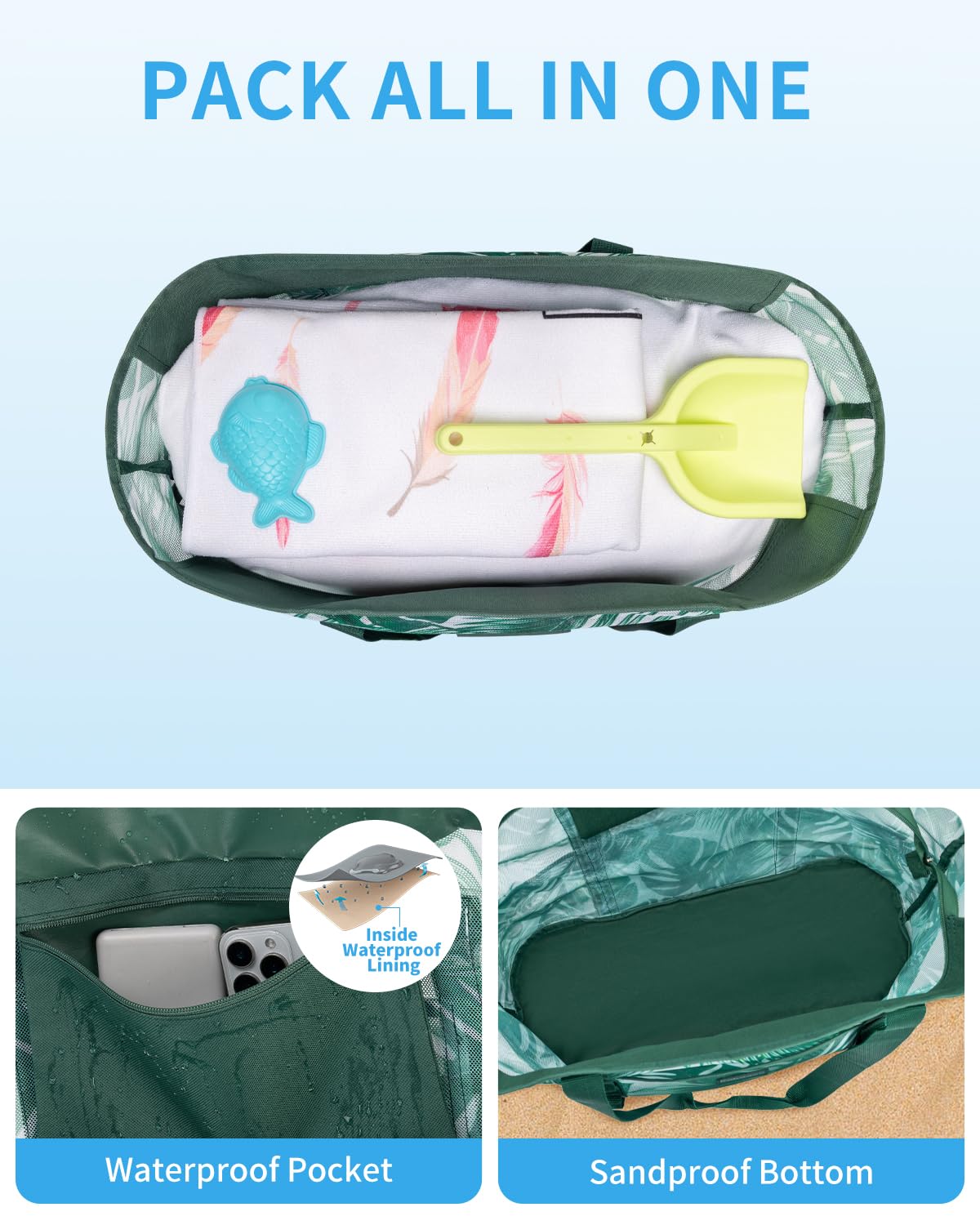 KABAQOO Sac de Plage XXL avec Fermeture Éclair Sac Piscine Filet Femme Famille Sac Cabas avec Multipoches pour Voyage Shopping