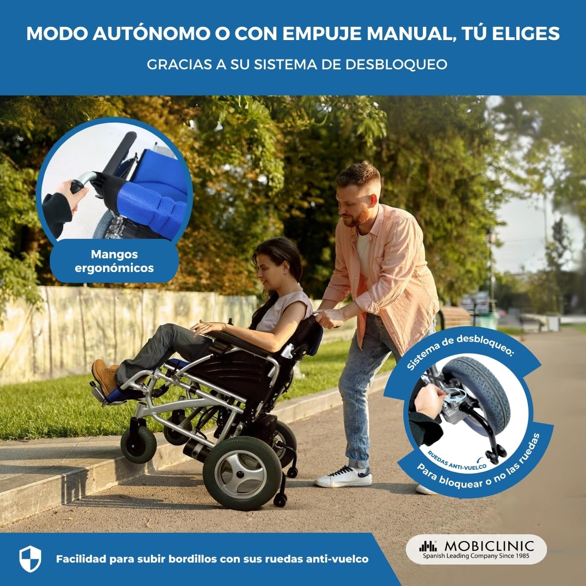Mobiclinic®, Silla de ruedas eléctrica plegable, 20 km autonomía, 2 baterías gel 24v/200w*2, Aluminio, Ultraligera, 35 kg peso sin, Hasta 120, Con marcha atrás, Joystick ambidiestro