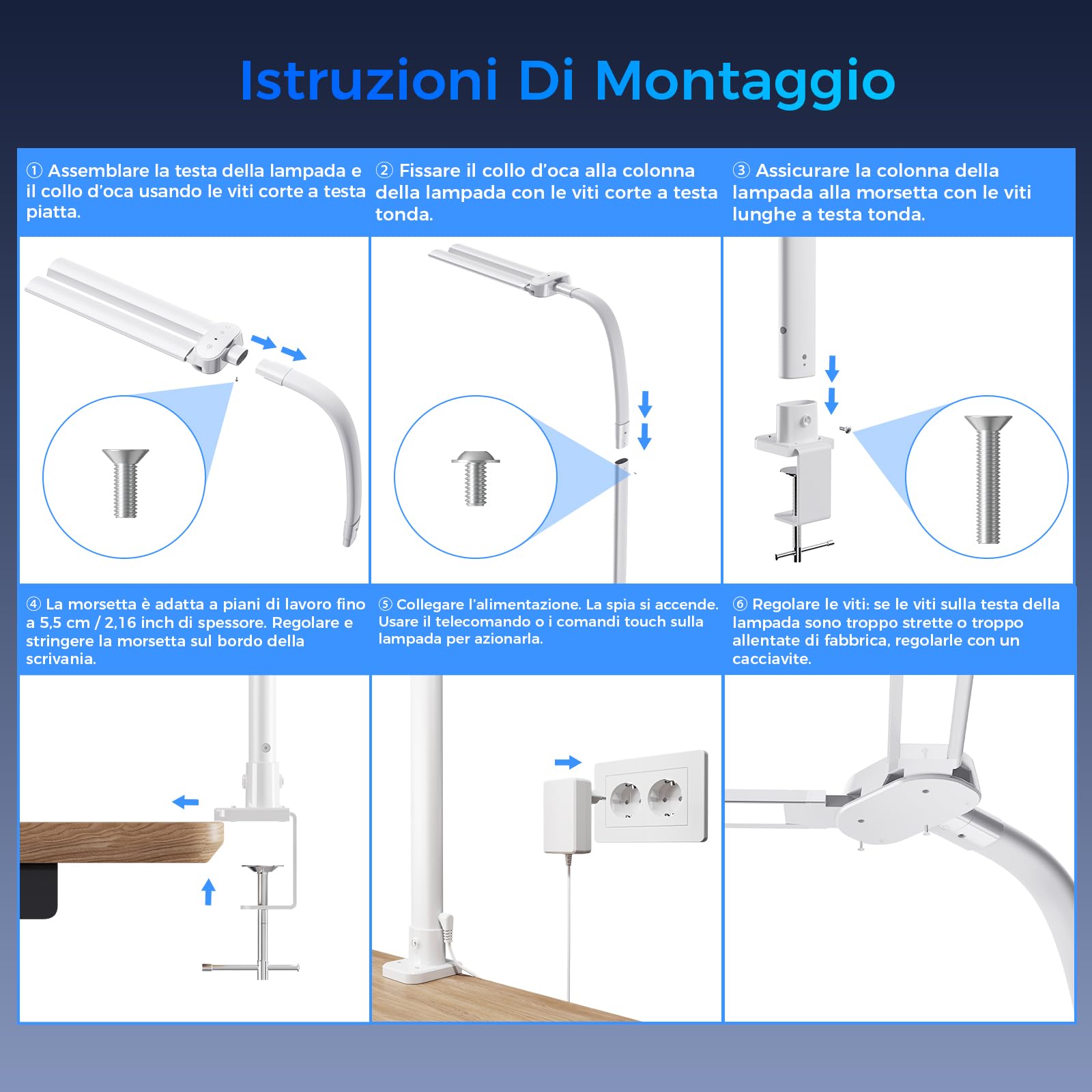 W01 Lampada da Scrivania a LED con Telecomando - 24W 1400LM 80CM Luce Scrivania Filo con Morsetto Lampada da Lettura Collo D'oca Regolabile, Porta di ricarica USB per Ufficio Studiare, Bianco