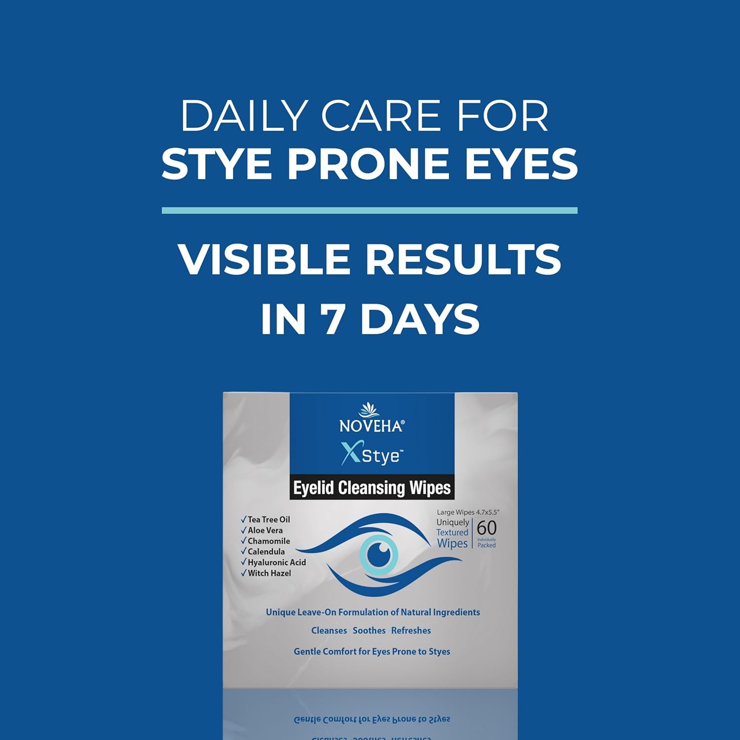 NOVEHA 60Pcs Stye Relief Eyelid & Lash Wipes – Tea Tree Oil, Hyaluronic Acid, Aloe Vera, Chamomile & Green Tea – Gentle Cleansing Wipes for Dry Eyes, Blepharitis, Itch - Hypoallergenic - Image 3