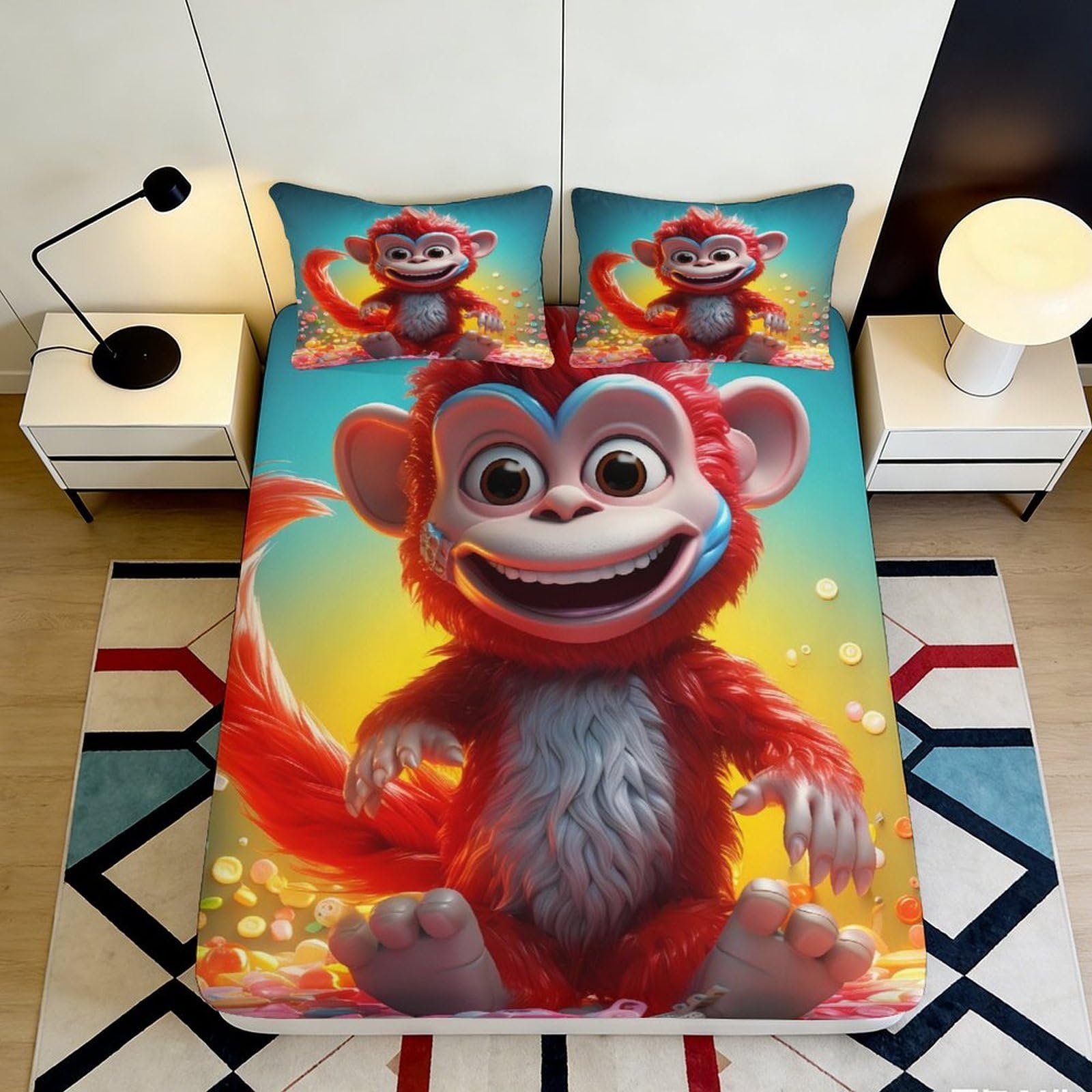 Pnayamiorkfel Style-6 3D Printed Red Cartoon Monkey Fitted Sheet Microfiber Soft Anti-Slip Bed Cover For Bedroom Dorm Decor 90X200x25cm