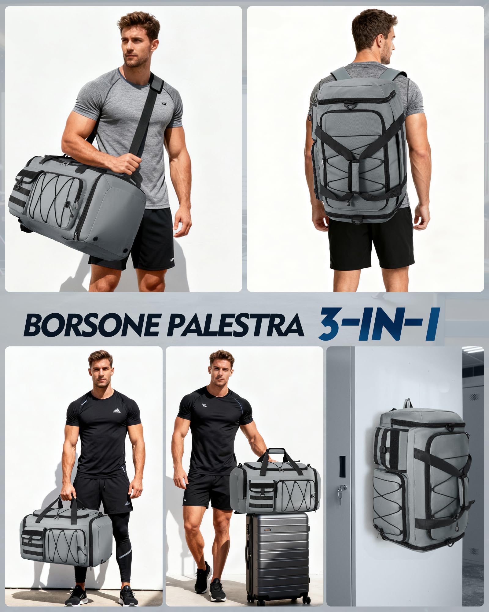 RAINSMORE 45L Borsone Palestra Uomo Donna 3 in 1 Trasformabile in Zaino Borsone da Viaggio con Scomparto Scarpe e Tasca Umida Borsa Sportiva per Fitness Nuoto Yoga Weekend Grigio