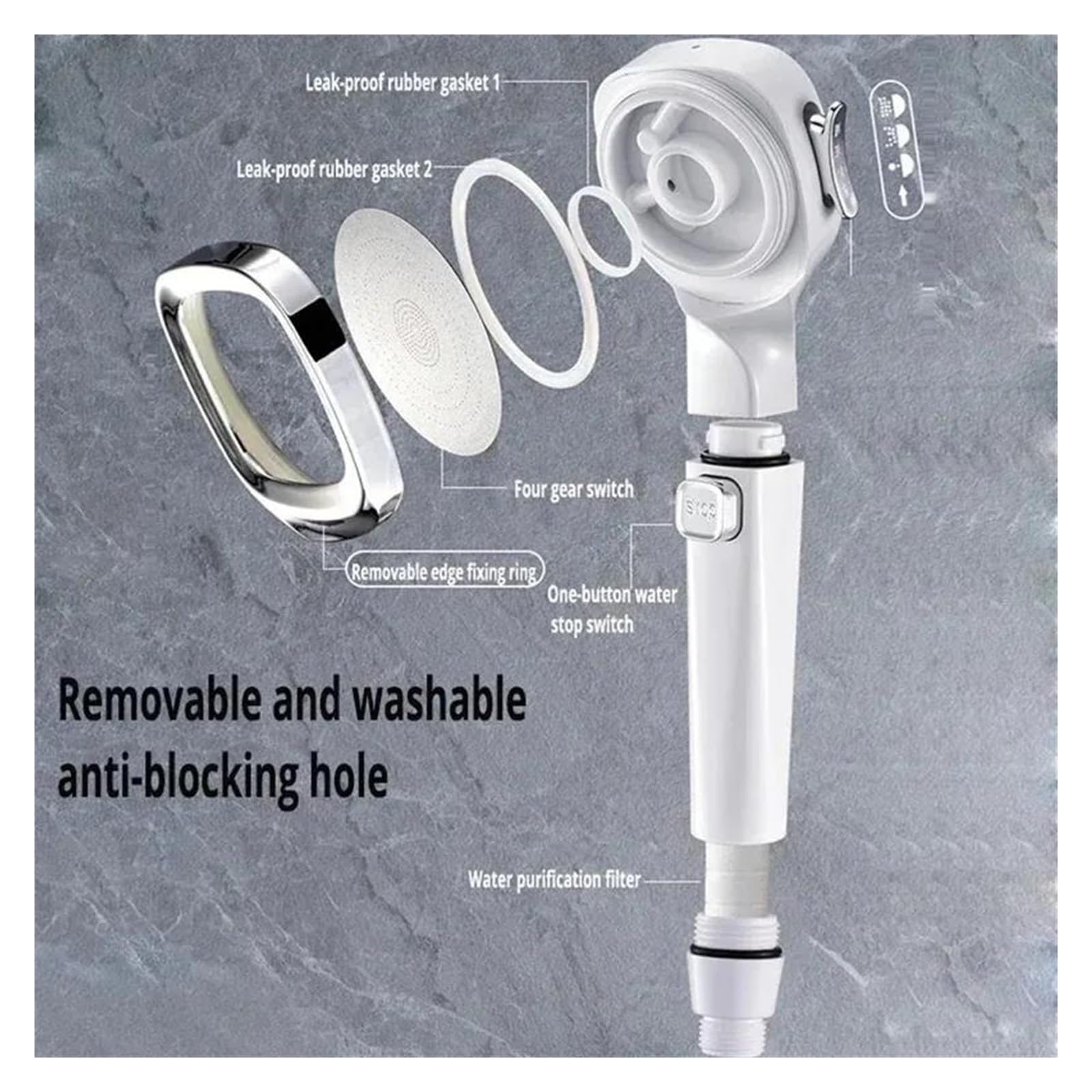 Soffione doccia ad alta pressione con risparmio idrico, 3 modalità di soffione doccia, arresto acqua con un solo tasto regolabile(Black with hose)