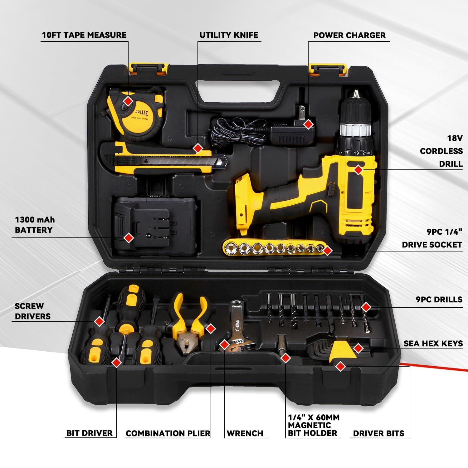 Auto Dynasty 46 Pcs Cordless Drill Portable Hand Repair Kit 12V 1300mAh Lithium Power Tool Kit Set for DIY Household Office Warehouse With Charger, Yellow