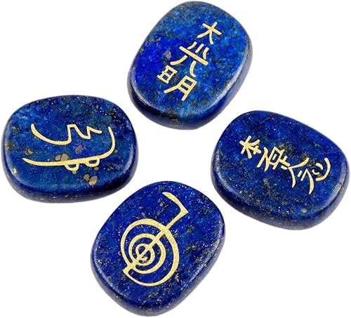 SUNYIK Juego de 4 piedras de lapislázuli ovaladas planas con símbolos de Usui grabados, piedras de preocupación