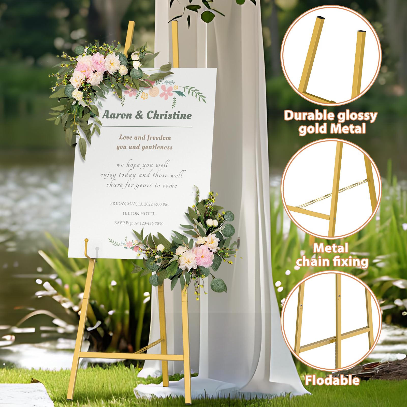 Chevalet D'Affichage Doré, Support De Bienvenue De Mariage En Fer Forgé Blanc, Support De Cadre