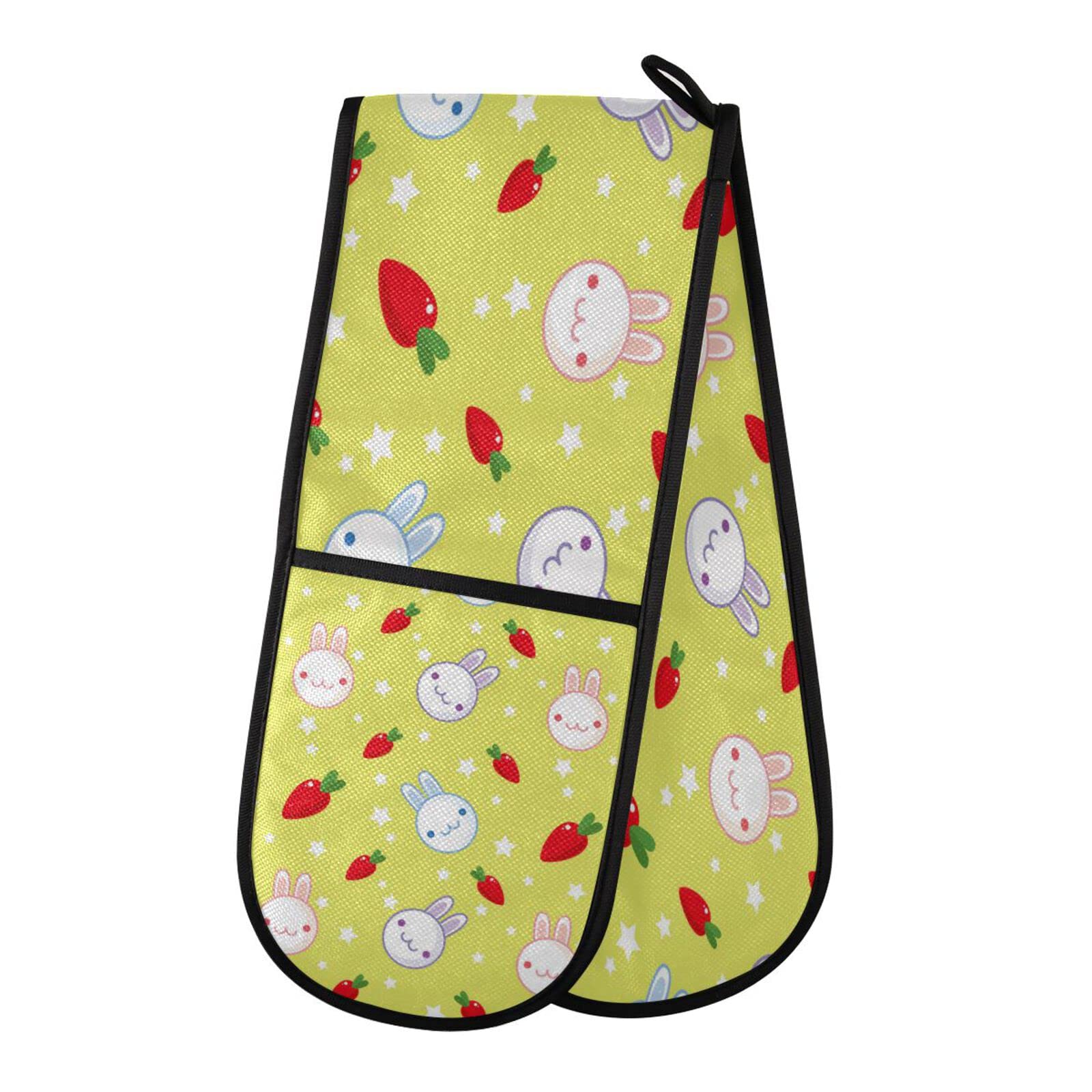 Double Oven Glove Cute Rabbit Carrot Pattern Heat Resistant Double Ovens Mitt Modern Cooking Gloves Potholders