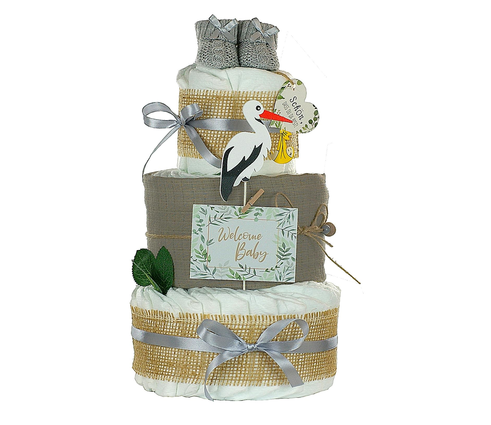 Gâteau de couches 3 étages Cigogne avec bottines bébé et couche en mousseline gris