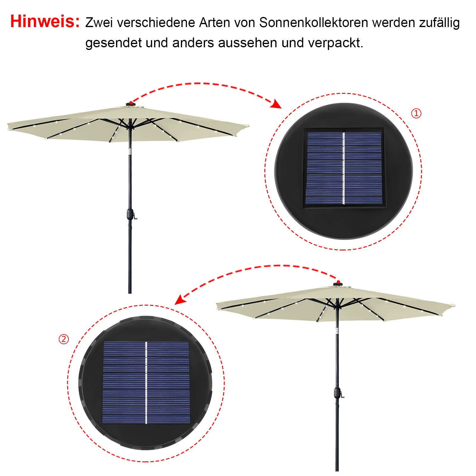 LZQ Sonnenschirm Balkon Ø 300cm Gartenschirm mit Solar LED Beleuchtung Alu Marktschirm mit Handkurbel Strandschirm Rund Terrassenschirm Wasserabweisende UPF 40+(Beige, Winkelverstellbar)