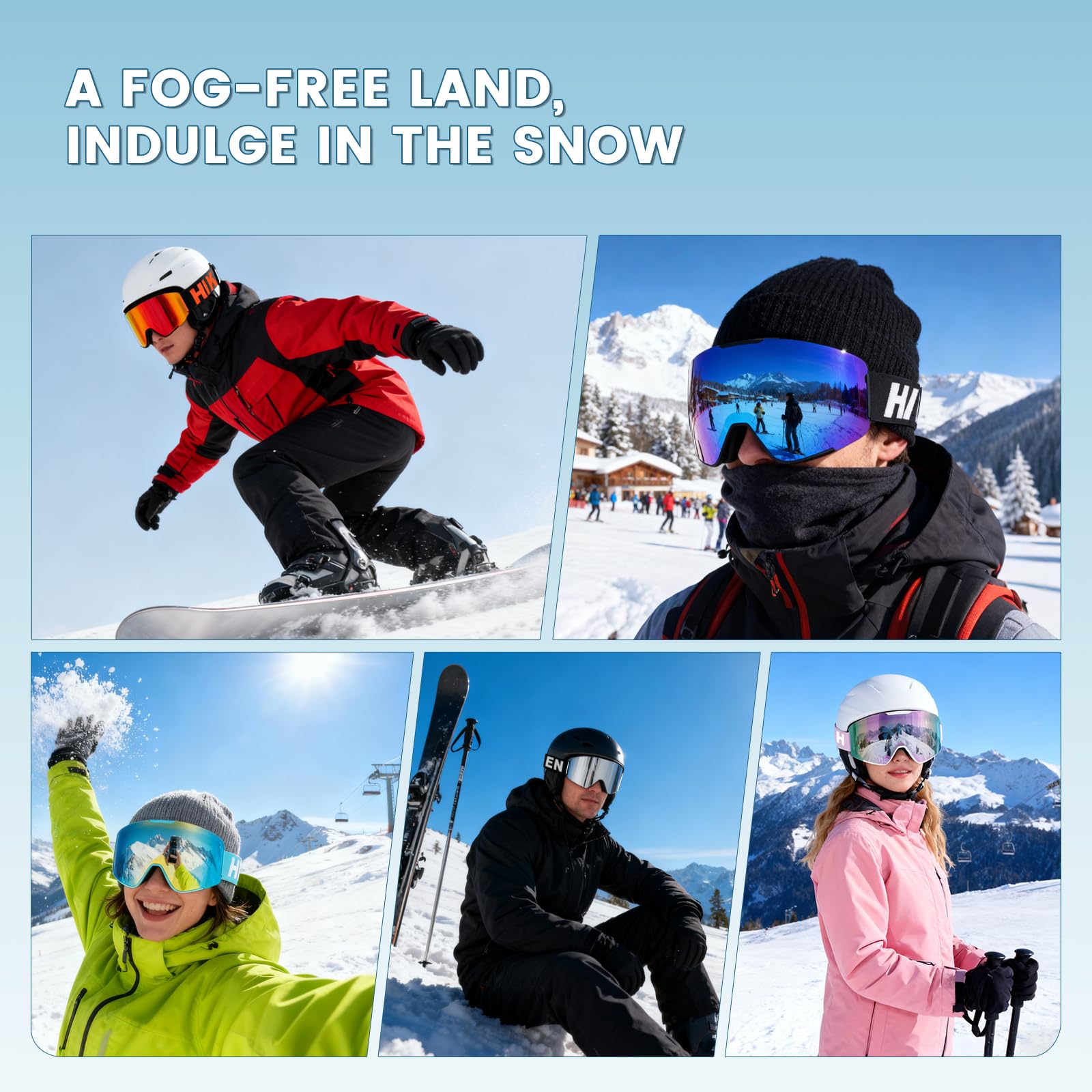 Hikeen Lunettes de ski photochromiques anti-buée, protection UV avec rembourrage 3 couches pour homme et femme avec étui de rangement