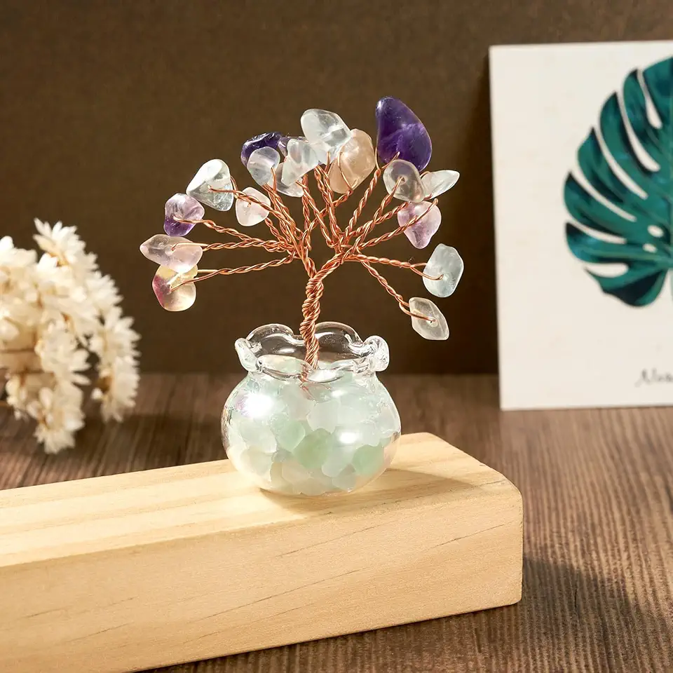 Feng Shui cristal de quartzo árvore do dinheiro sete chacras árvore da vida pedra preciosa natural árvore de cristal envolto em fio de cobre árvores de cristais para riqueza e sala de sorte mesa de