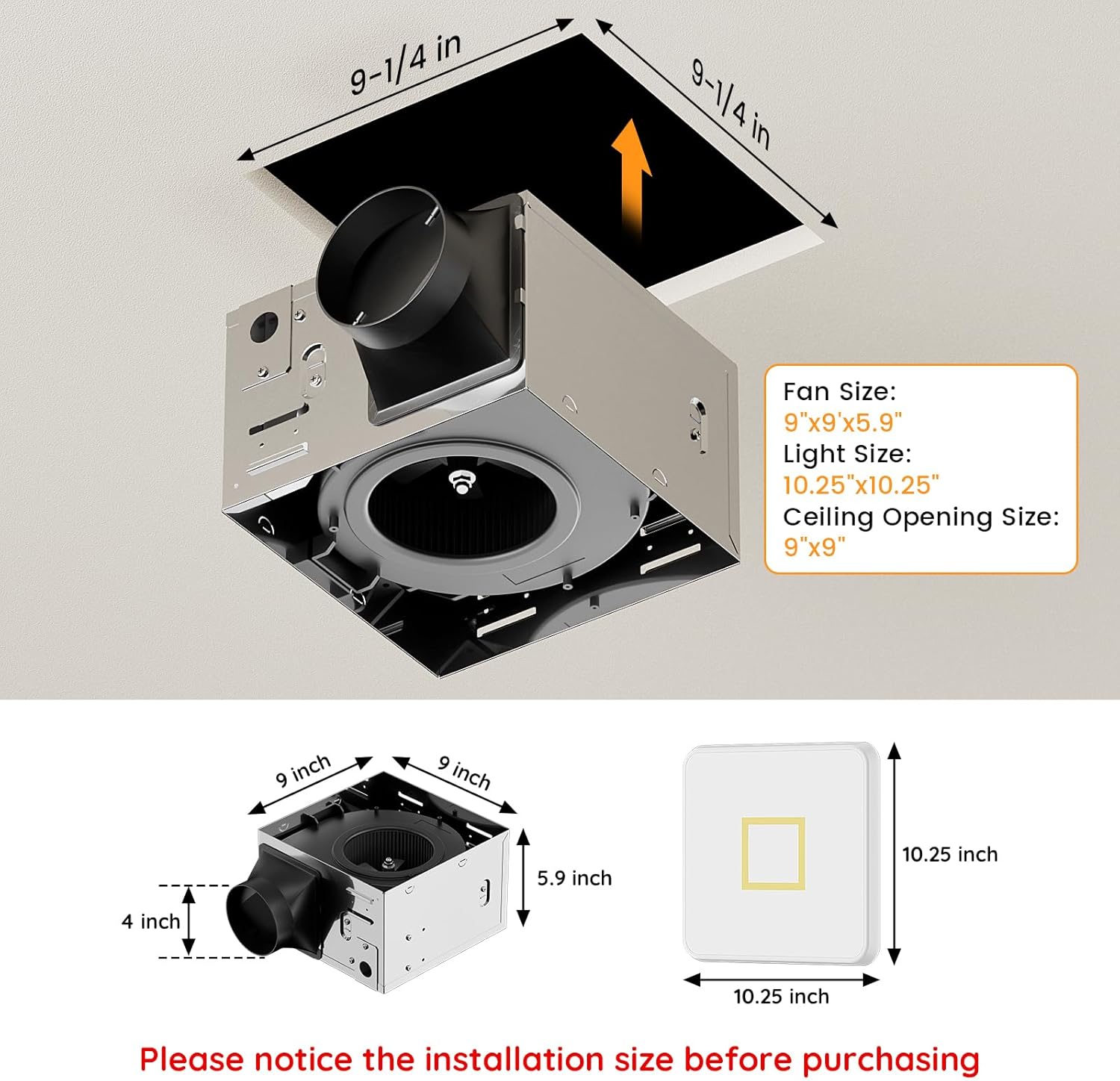 Diagram showing the dimensions of the Fitop bathroom exhaust fan, including fan size, light size, and ceiling opening size.