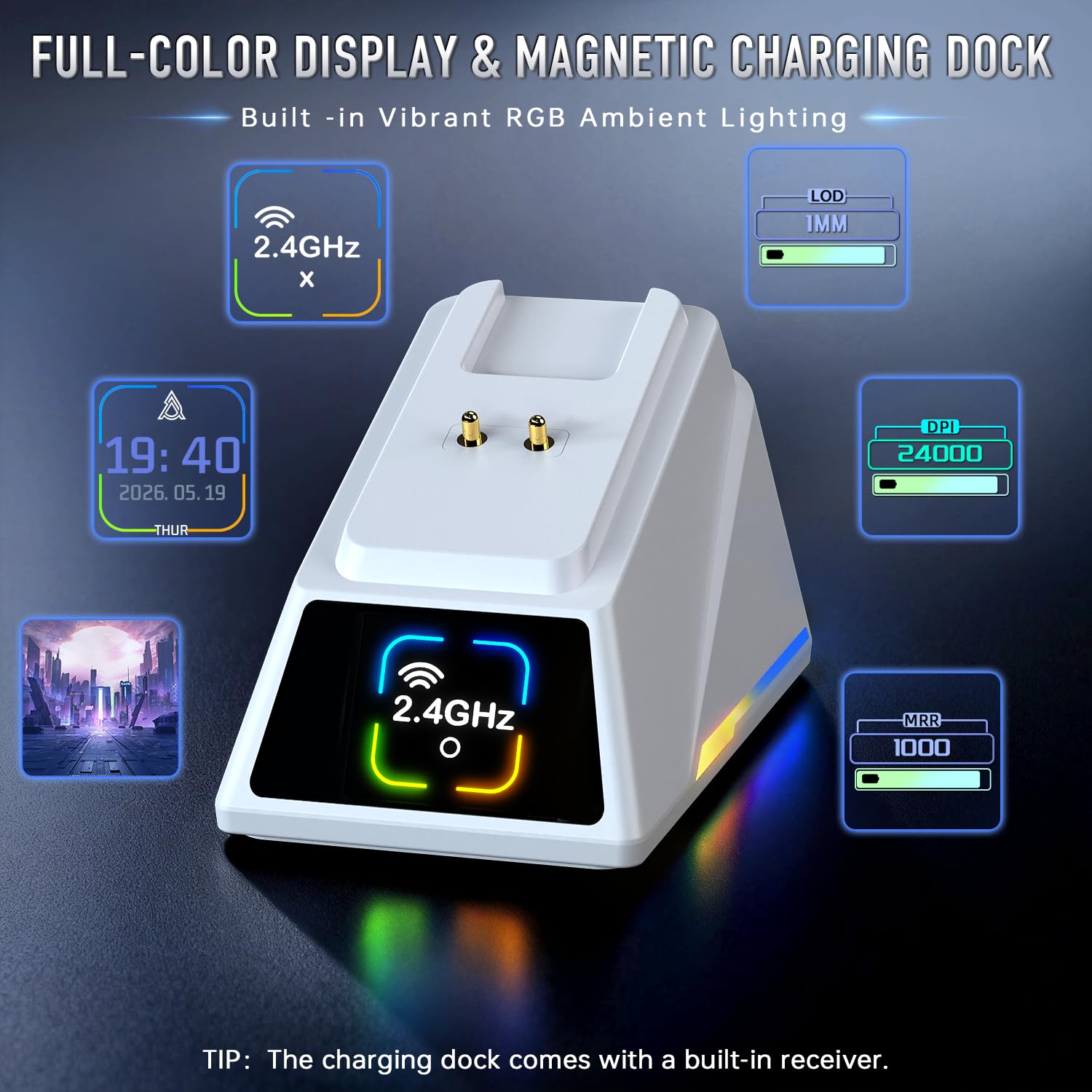 FREEWOLF x A.JAZZ AJ159P MC PRO Mouse da Gaming Wireless, Dock di Ricarica Magnetico con Schermo TFT, Ultra-Leggero 57g, Sensore PAW3311, 24000 DPI, BT/2.4G/USB-C, 20M Click, per PC/MAC (Bianco)