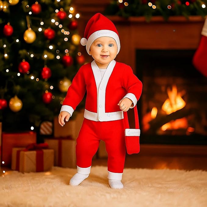 GRAPHENE Santa Claus Dress Merry Christmas Xmas Santa Costume Red & White Set For Children With Jacket Pant Cap Pouch Kids New Born Boy & Girls (Pack Of 1) (Size - 1, 6 month To 1 Year)