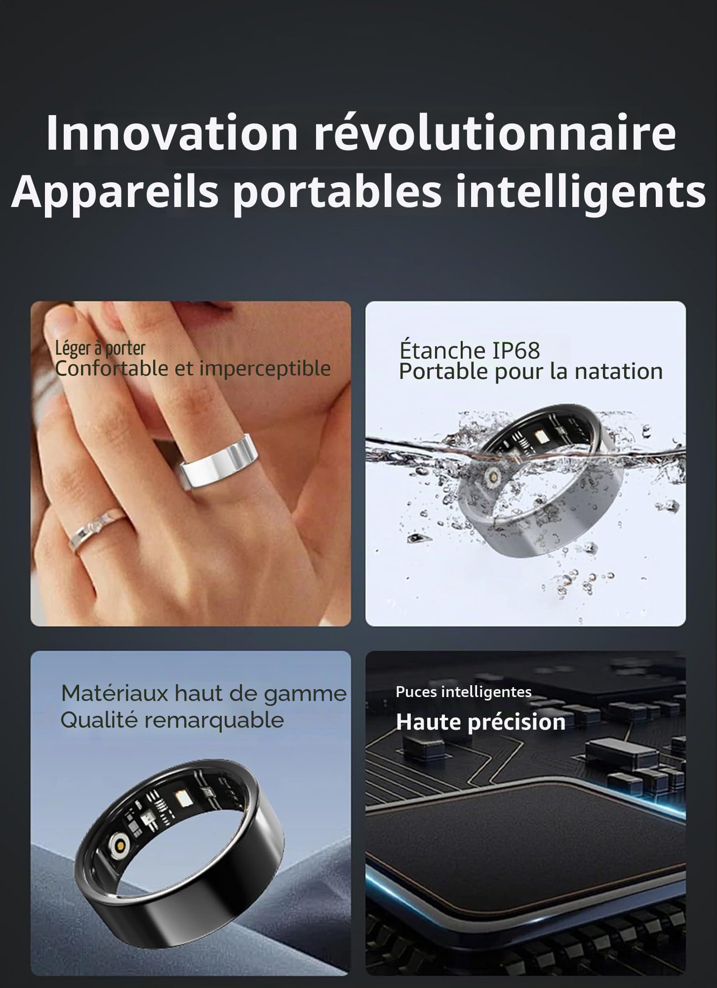 Bague intelligente IP68 pour homme et femme avec moniteur de fréquence cardiaque, de pression artérielle, d'oxygène, étanche, compteur de calories, compteur de pas, anneau de santé, argent #12