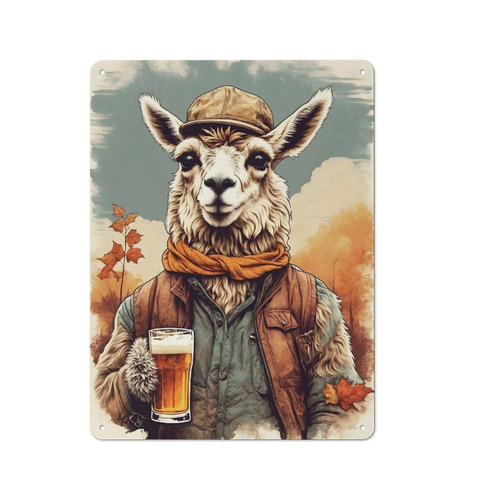 Junmoney Llama Drinking A Beer Rustic Metal Sign 40X30cm For Lounge Or Reading Corner, For Reading Corner Decorators
