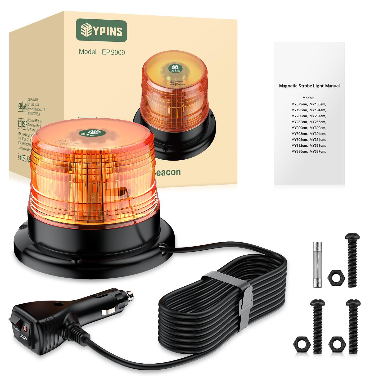EYPINS Światła ostrzegawcze LED, 40 diod LED, magnetyczne, awaryjne miganie, ostrzeżenie, światło stroboskopowe, do ciężarówki 40 W, 12/24 V, wtyczka do papierosów (bursztynowe)