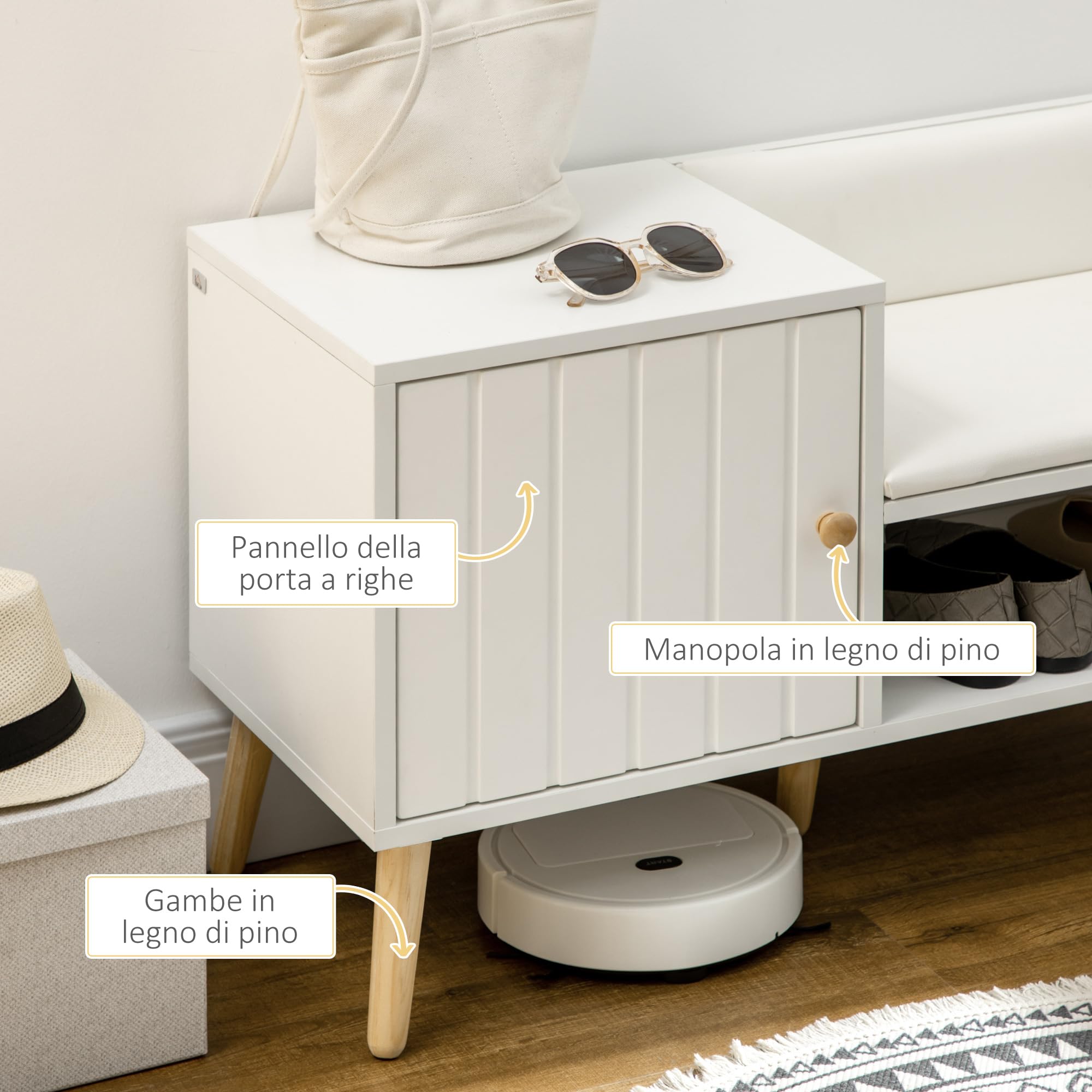 HOMCOM Panca Scarpiera da Ingresso Salvaspazio con Seduta Imbottita, Ripiano Aperto e Armadietto per 4 Paia di Scarpe, Corridoio, Camera da letto, Soggiorno in Legno, 80x33x49cm, Bianco