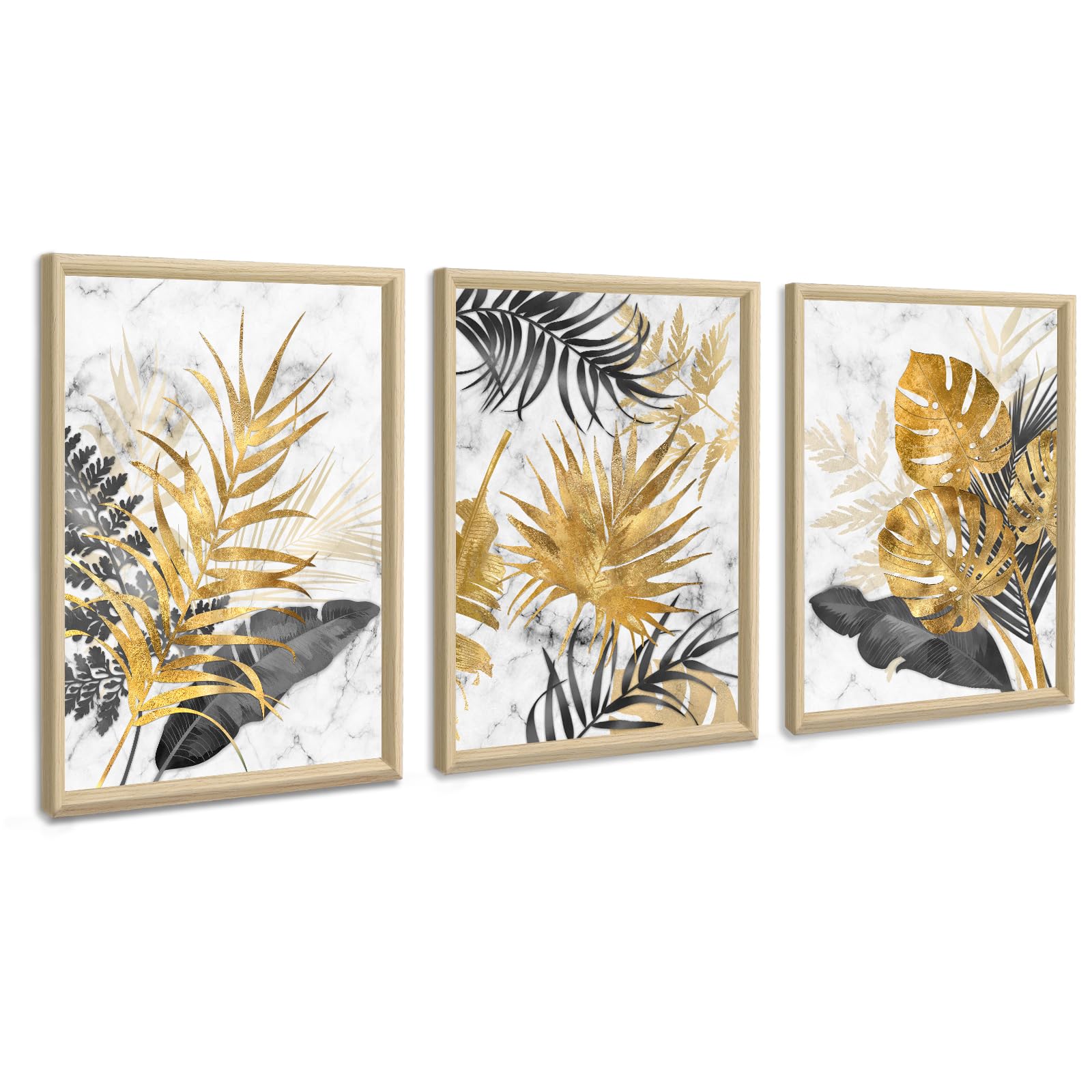 3Pcs Marco de madera Cuadros Decoracion Salon Modernos Mármol Oro Gris Hojas Cuadros Abstractos Pintura Lienzos decorativos Dormitorio Comedor Decoración de Pared Listo para colgar 30x40cmx3