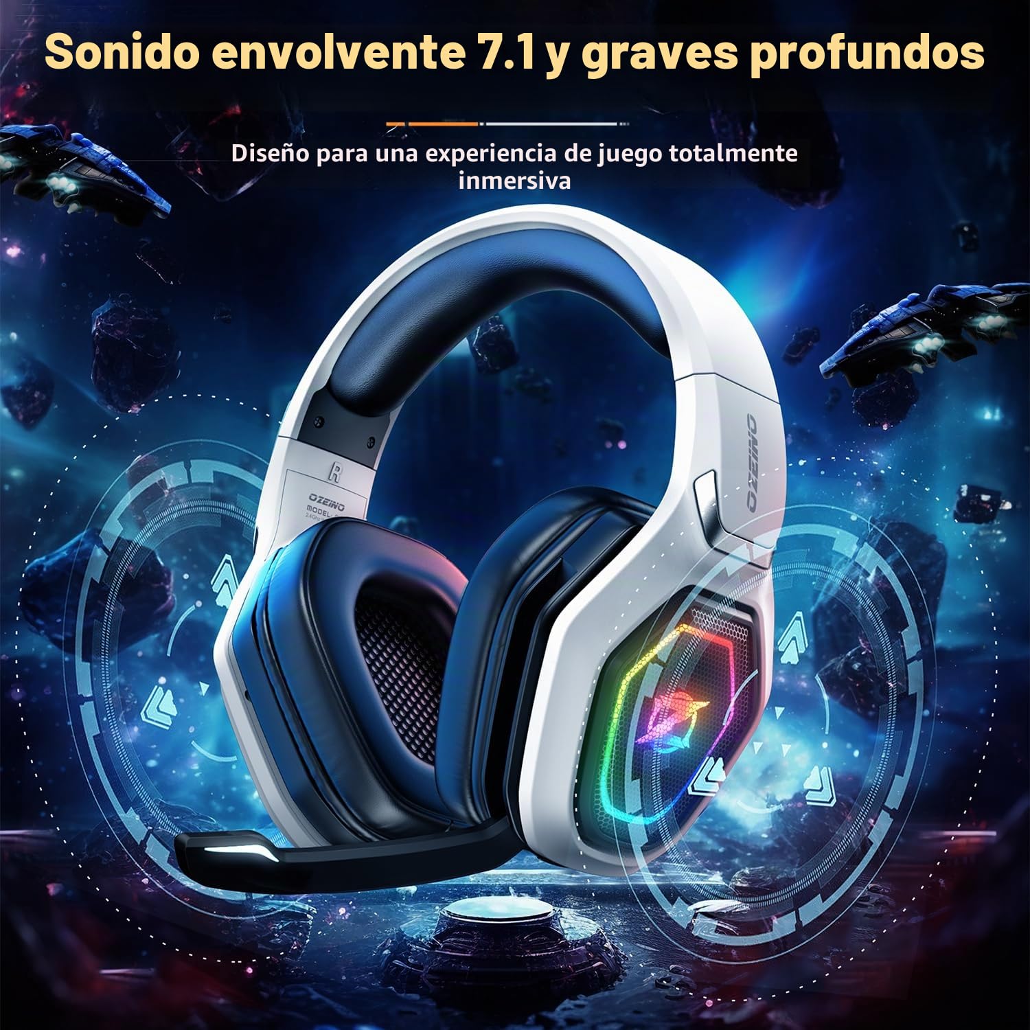 Ozeino Cascos Gaming Inalámbricos para PC/PS5/PS4, Auriculares Gaming Inalámbricos de 2,4GHz Wireless+Bluetooth, Baja Latencia Calidad de Sonido sin Pérdidas, Duración 30Hr+