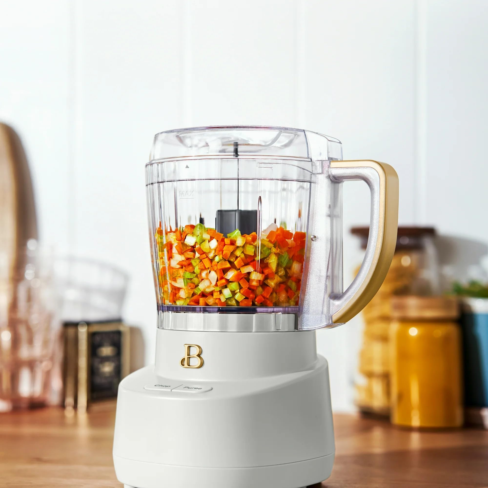 Beautiful 3-Cup Food Chopper, Electric Mini Processor with Plastic Bowl, BPA-Free, Stainless Steel Blade, Dishwasher Safe, Compact Touch Control Kitchen Appliance Powerful 250-Watt (White Icing)