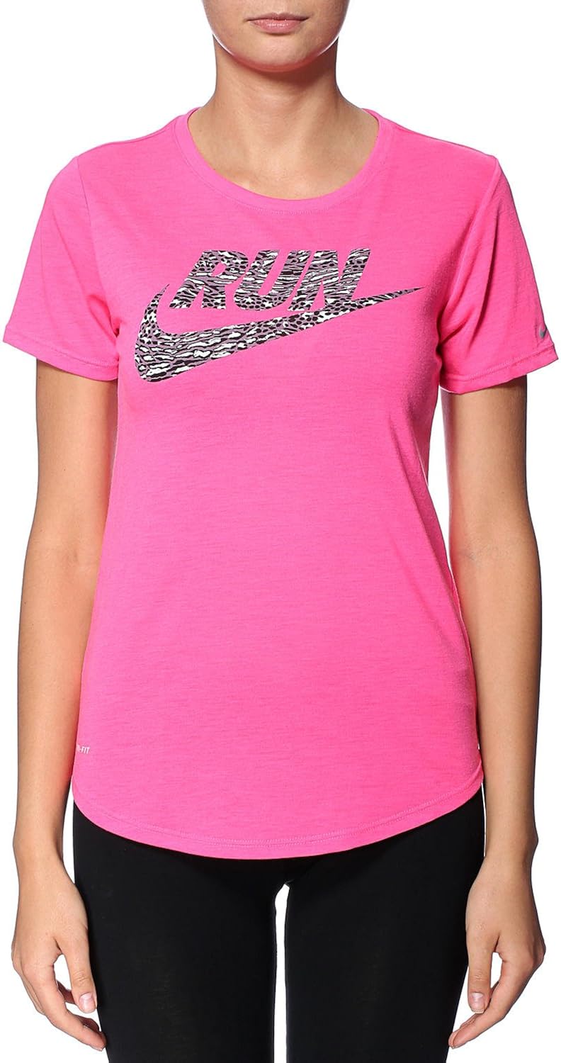 NIKE Women's TShirt Run Swoosh Print Foundation Pink Pink Pow/Cool Grey/Reflective Silv SizeXS