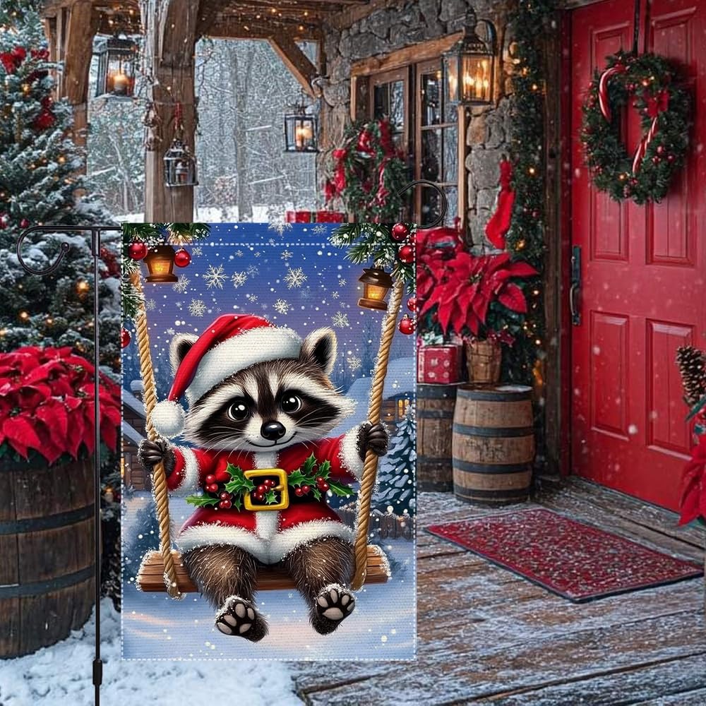 Christmas Raccoon Garden Flag 12x18 Double-Sided Burlap with Santa Hat and Snowy Winter Scene Perfect for Holiday Decorations - Image 2