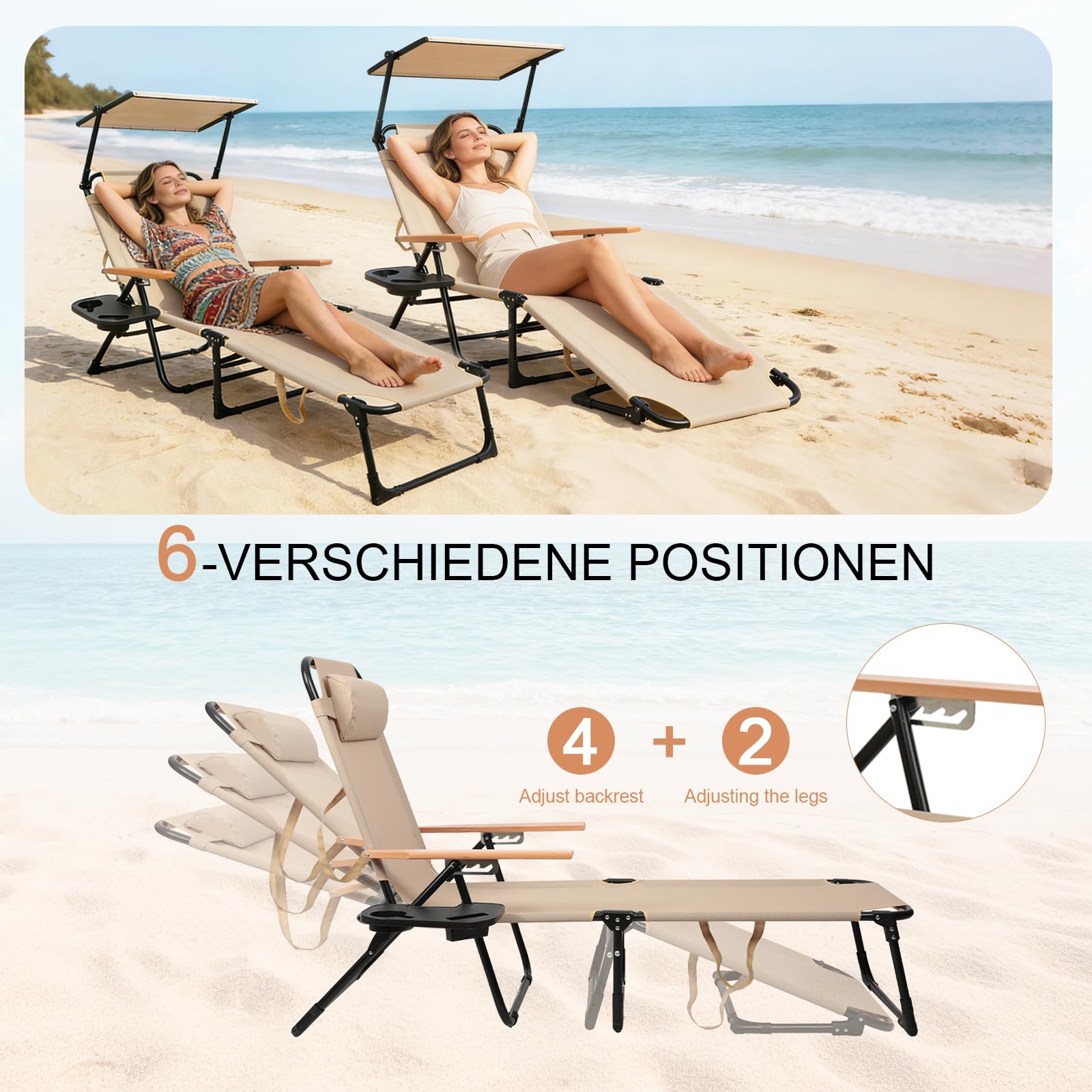 Chaise Longue Pliable Inclinable 4 Positions Transat, Charge Max 150KG, Transat Pliant Légère et Pliable, Fauteuil Relax Jardin pour Jardin Terrasse Piscine Plage Camping (Beige avec auvent)